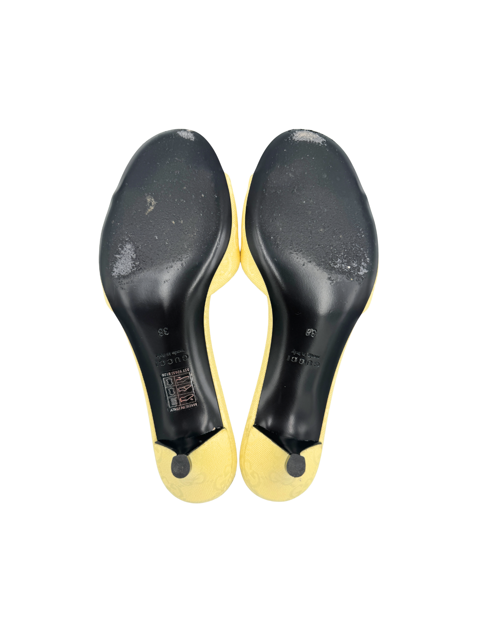 Size 38 Open-Toe Horsebit Mule Sandals in Yellow Monogram GG Supreme Canvas
