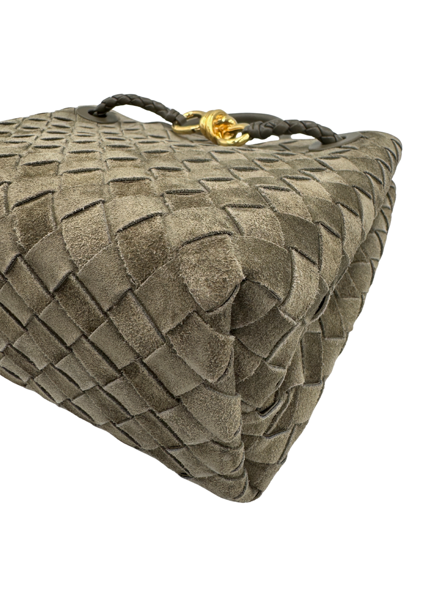 Small Andiamo Top Handle Shoulder Bag in Cypress Green Intrecciato Suede