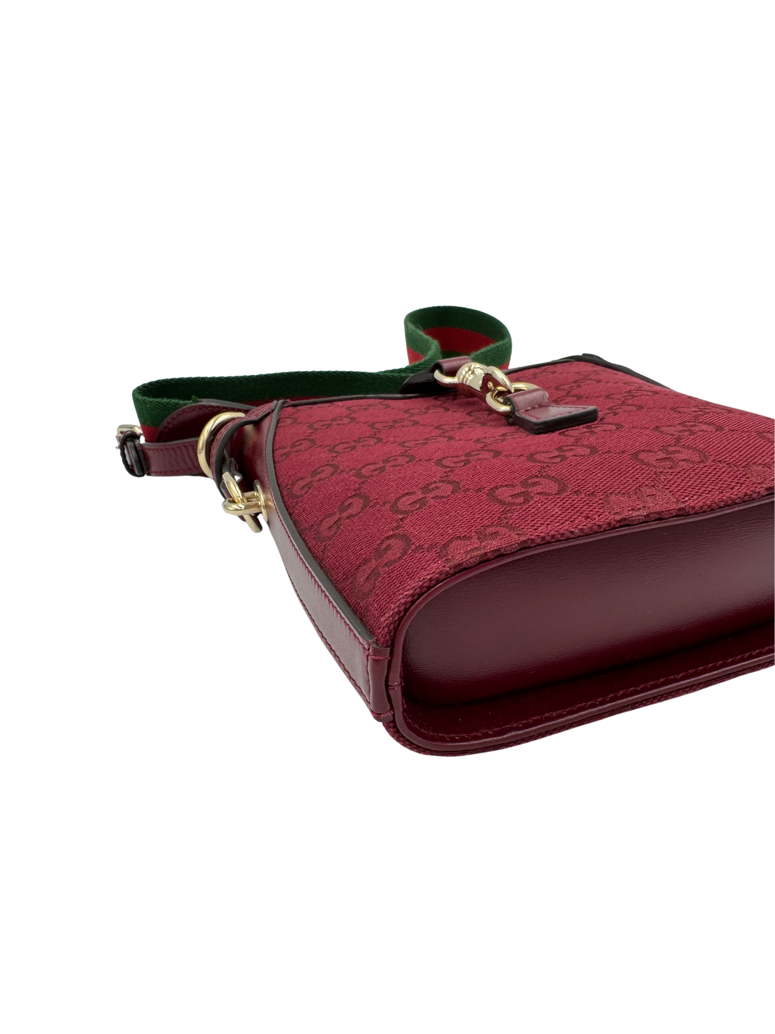 Logo Bucket Shoulder Bag with Gucci Web Strap in Burgundy Rosso Ancora Monogam GG Supreme Canvas