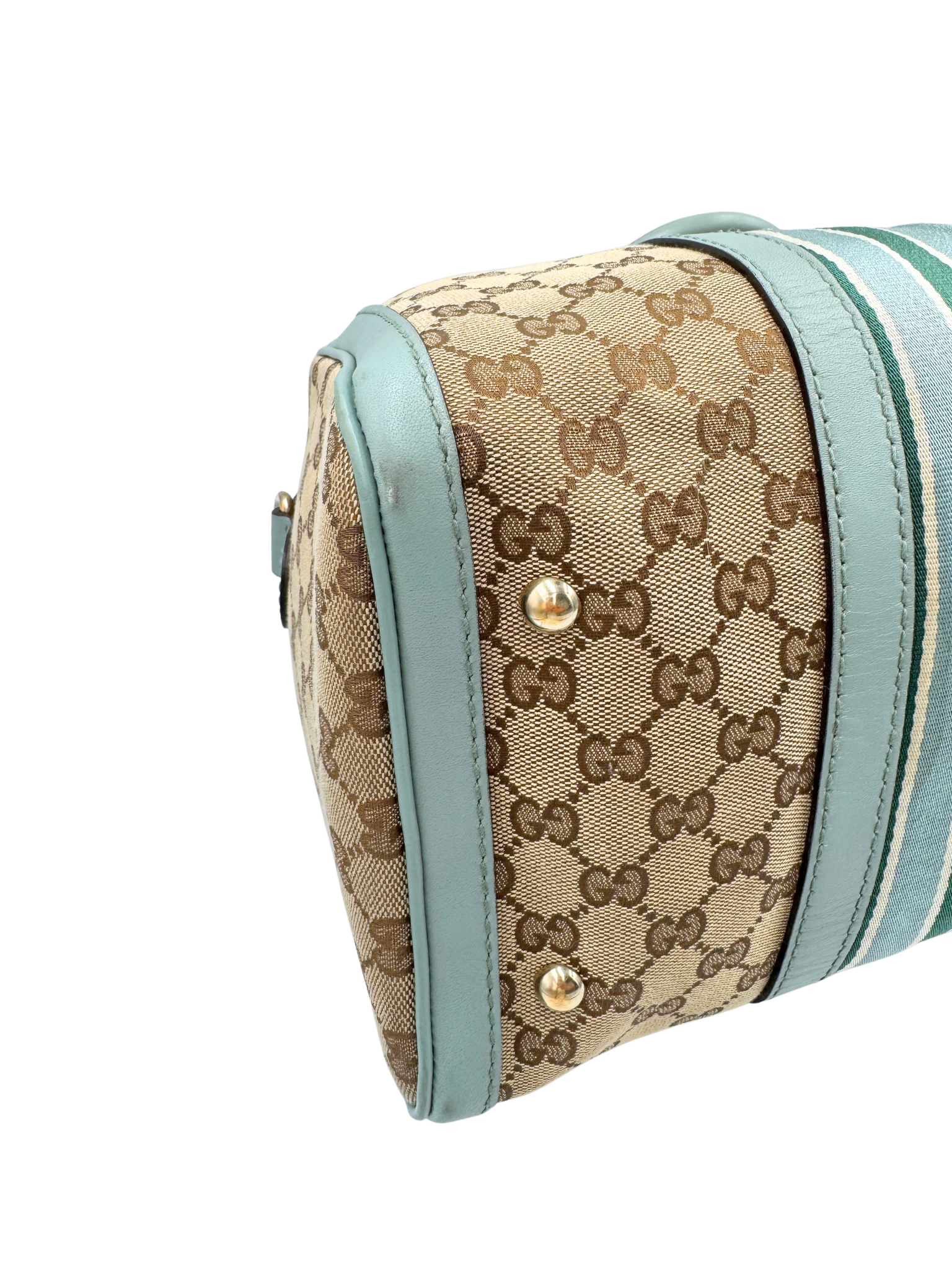 Striped GG Boston Bag with Top Handle in Brown and Tan Monogram GG Supreme Canvas with Blue and Green Accents