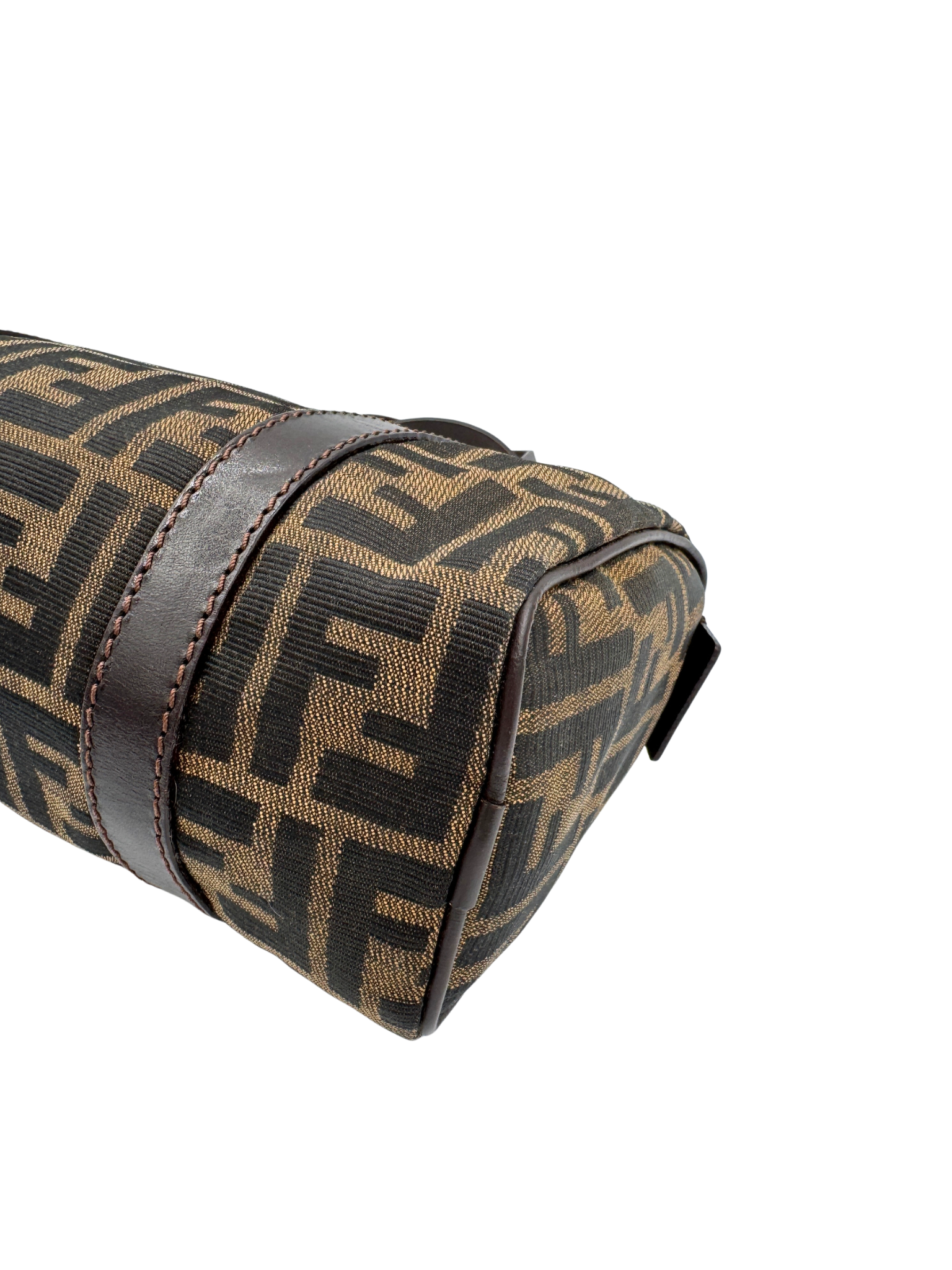 Vintage FF Zucca Boston Bag with Top Handle in Brown and Tan Monogram Canvas with Brown Leather Trim