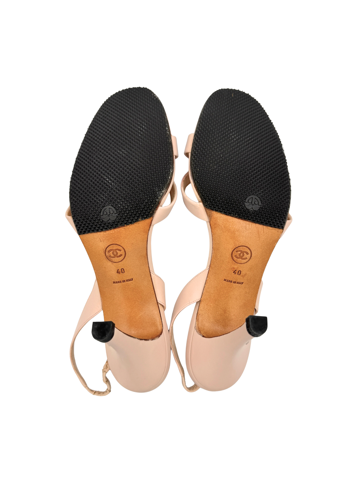Size 40 Vintage Karl Lagerfeld Era Logo Plate Strappy Slingback Sandals in Blush Nude Leather