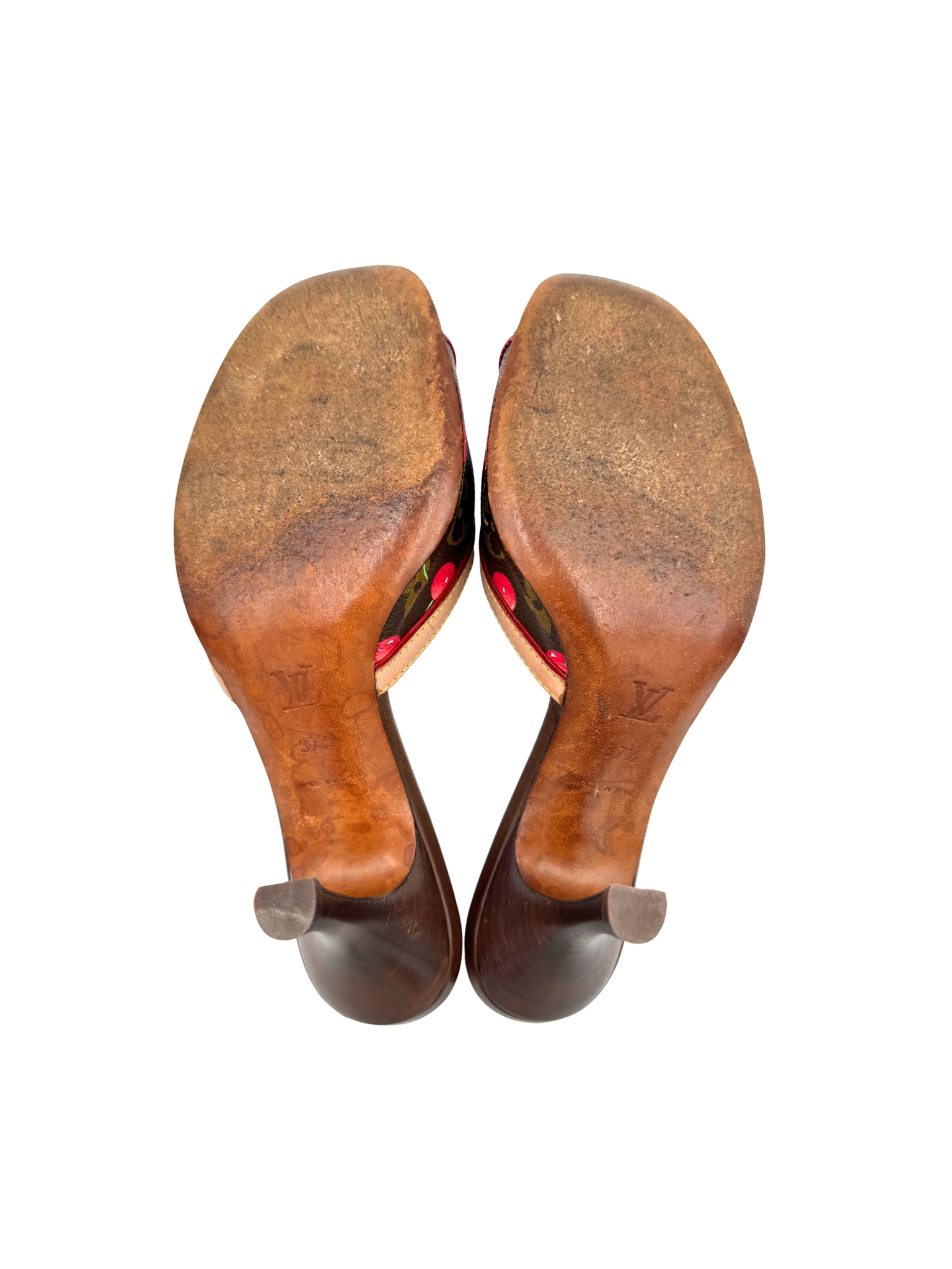 Size 37 Vintage 2005 Limited Edition Takashi Murakami Cerises Cherry Mule Sandals with Bow in Brown and Tan Monogram Coated Canvas