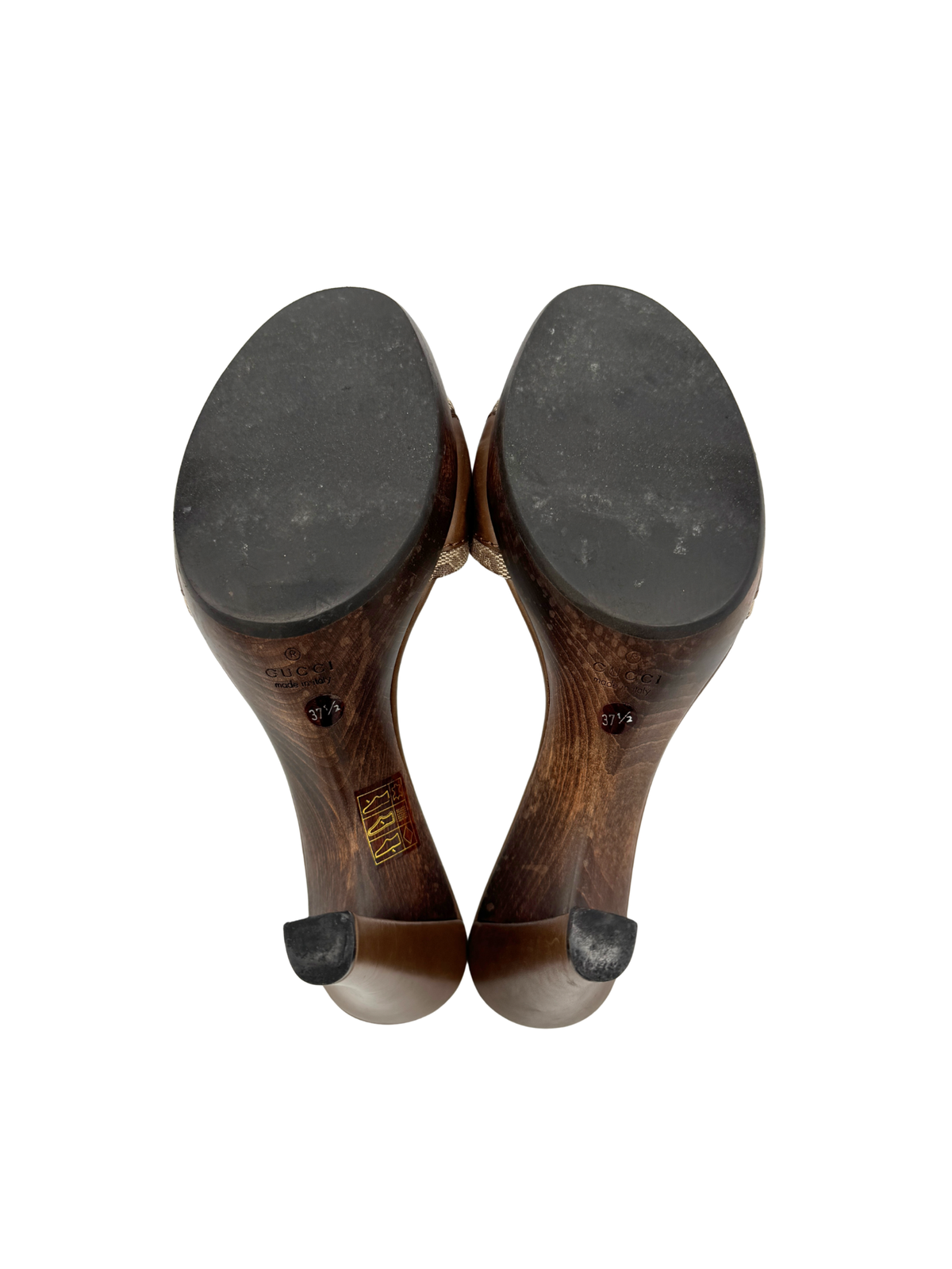 Size 37.5 Logo Mule Sandals in Brown and Tan Monogram GG Supreme Canvas with Leather Trim