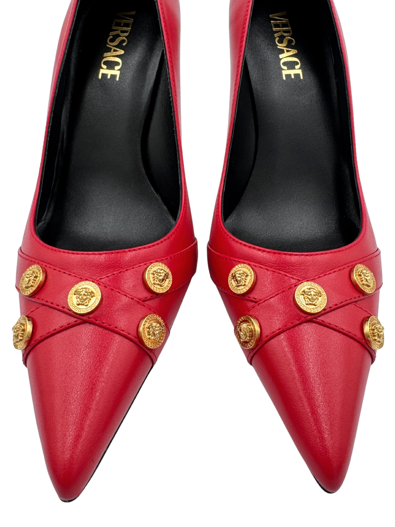 Size 37 La Medusa Medallion Pointed Toe Pumps in Red Leather