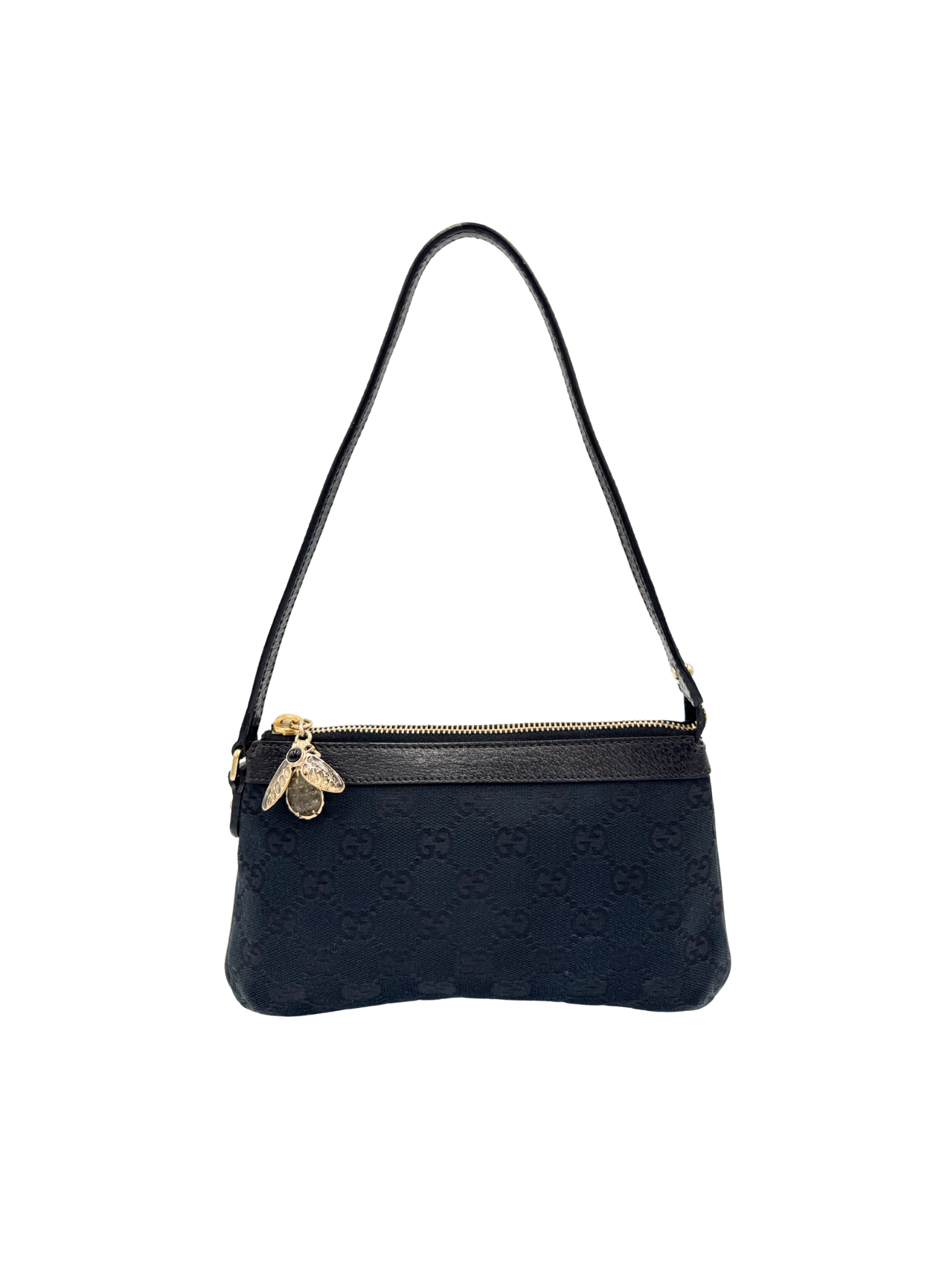 Gucci Pochette Shoulder Bag with Crystal Bee Charm in Black Monogram GG Logo Canvas