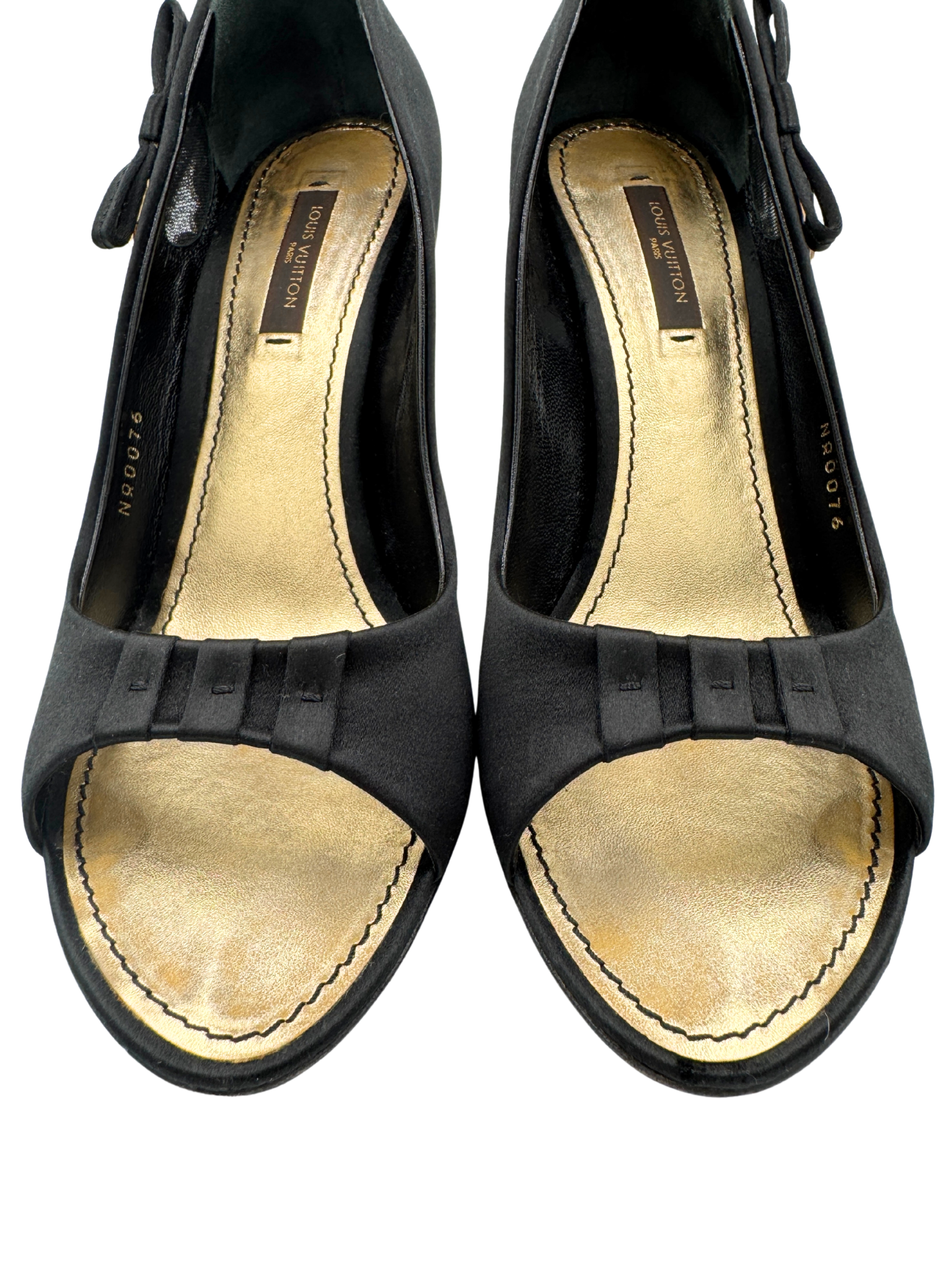 Size 37.5 Jeweled Open Toe Evening Sandals with Bow in Black Satin
