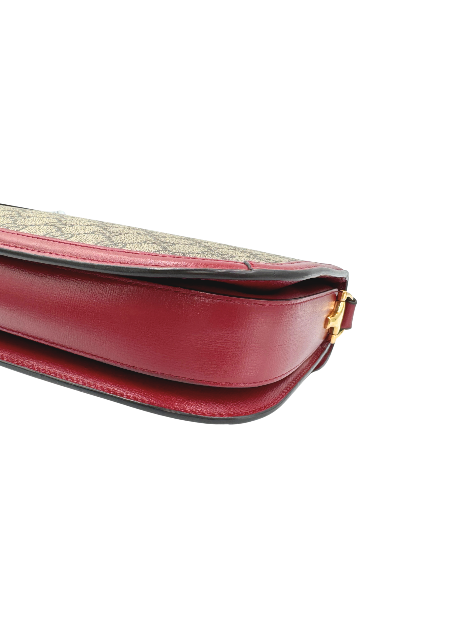 1955 Horsebit Shoulder Bag in Brown and Tan Monogram GG Supreme Coated Canvas with Burgundy Leather Trim (Copy)