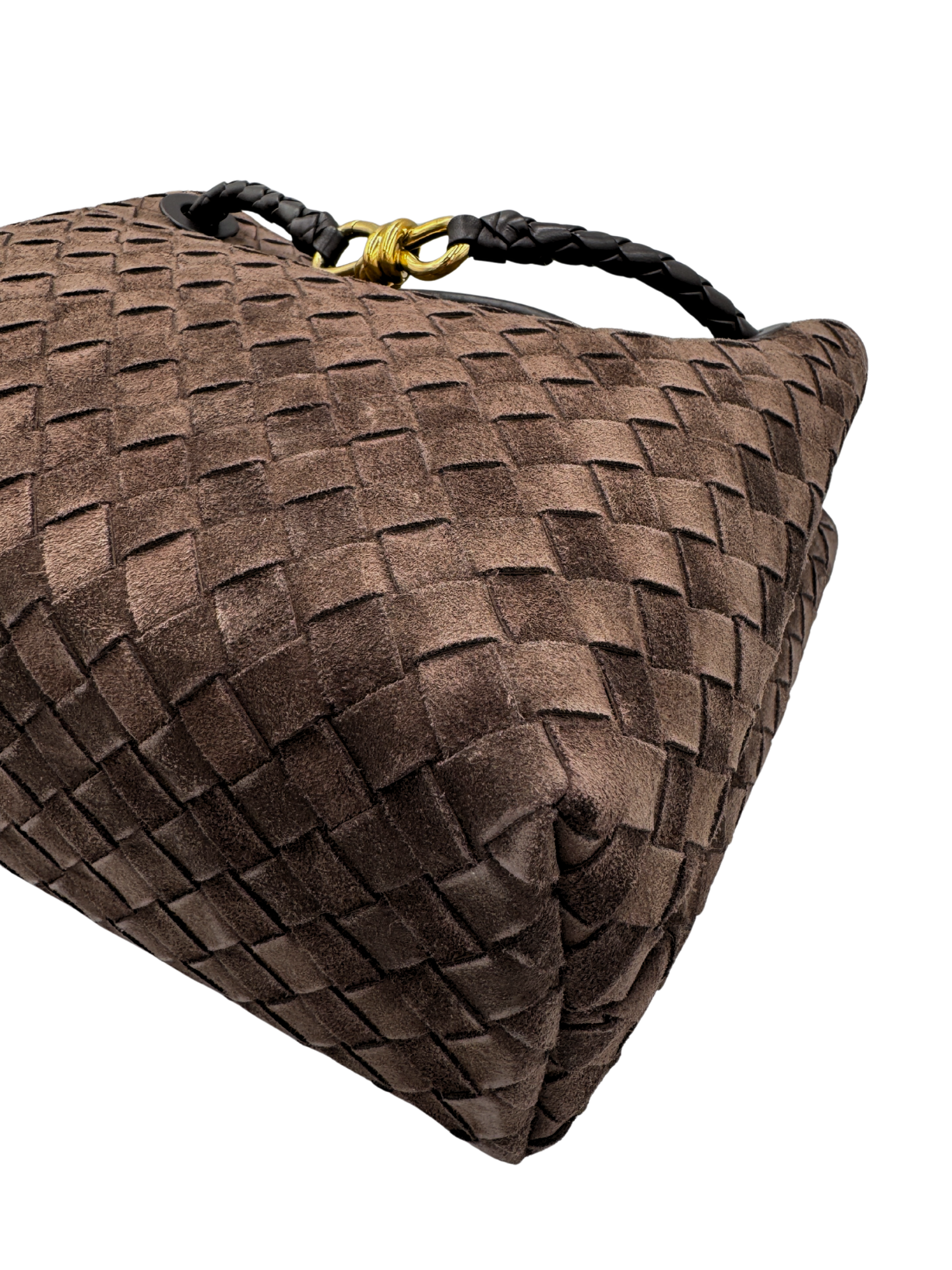 Medium Andiamo Shoulder Bag with Top Handle in Fondant Brown Intrecciato Suede