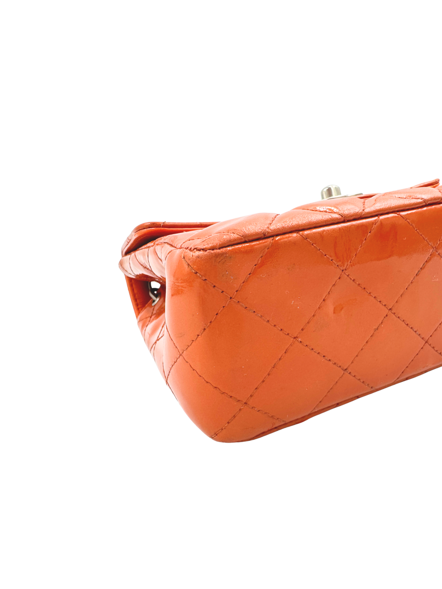 Vintage Karl Lagerfeld Era Square Mini Classic Flap Bag with CC Turnlock in Orange Patent Leather