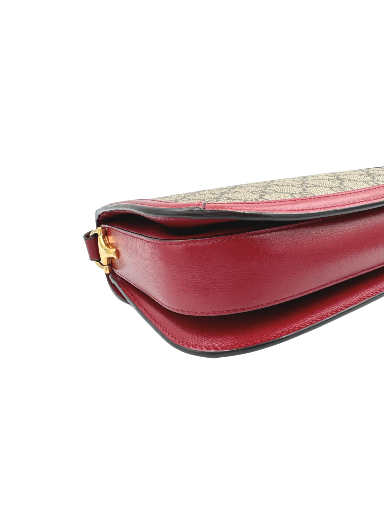 1955 Horsebit Shoulder Bag in Brown and Tan Monogram GG Supreme Coated Canvas with Burgundy Leather Trim (Copy)