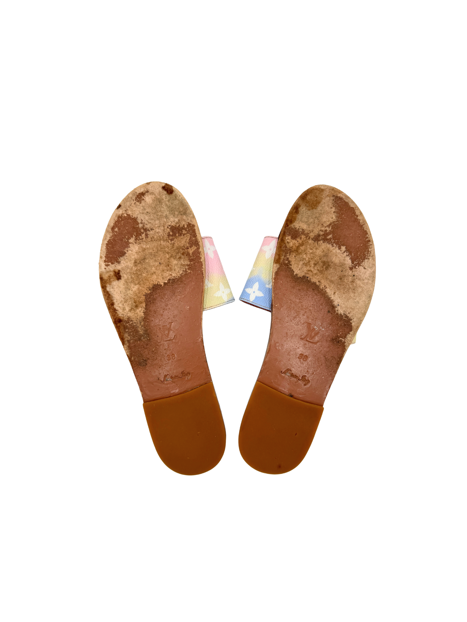 Size 38 Special Edition Monogram Escale Lock It Flat Mule Slide Sandals in Pastel Multicolor Coated Canvas