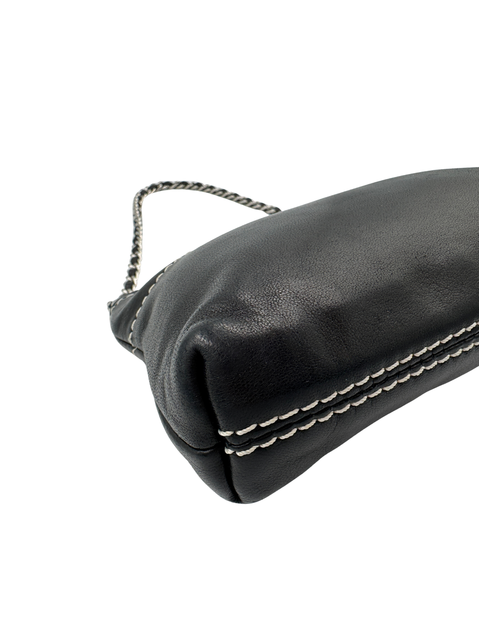 Logo Shoulder Bag Pochette in Black Lambskin Leather with Contrast Stitching