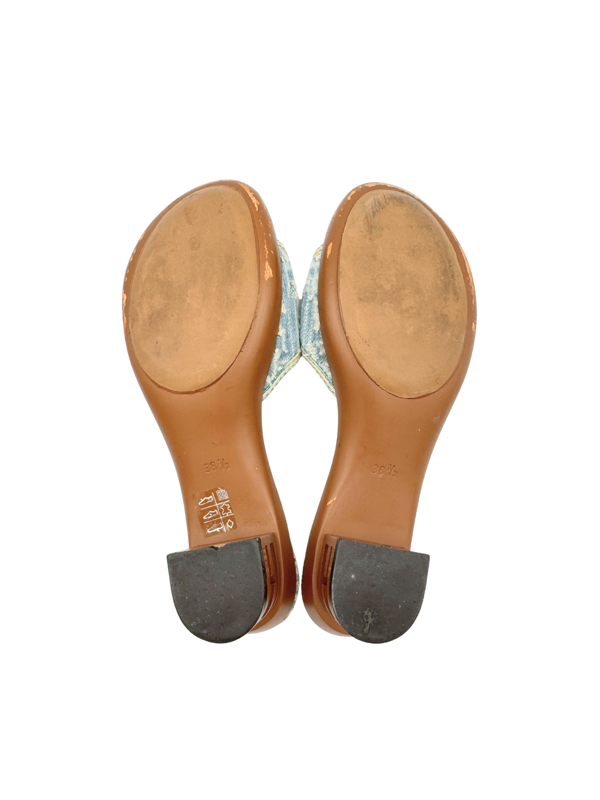 Size 38.5 Vintage Fendi Logo Frayed Denim Mule Sandals in Blue Denim
