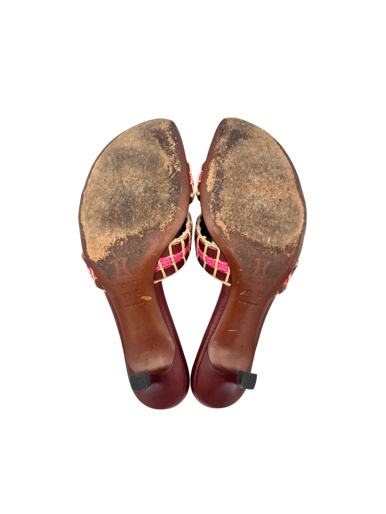 Size 37 Vintage Triomphe CC Logo Crochet Strappy Mule Sandals in Burgundy Red Leather with Pink Accents
