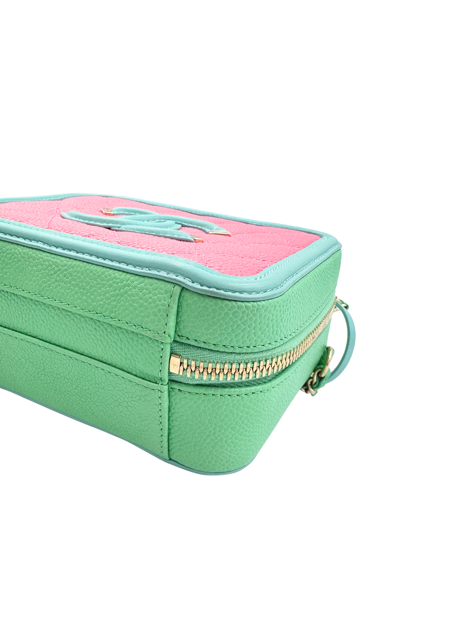 Small Tri-Color CC Classic Quilted Filigree Vanity Case Shoulder Bag in Pink/Green/Blue Caviar Leather