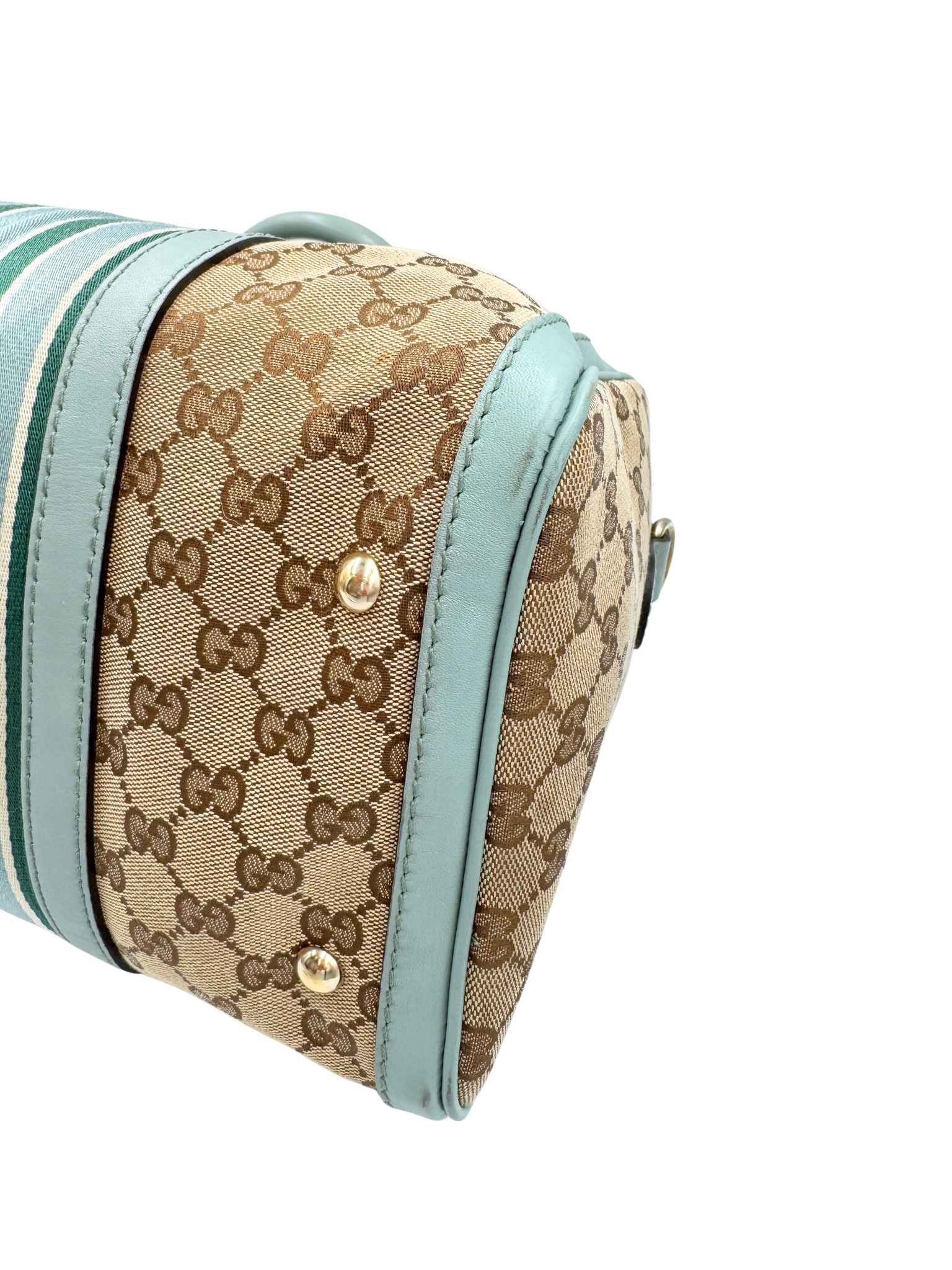 Striped GG Boston Bag with Top Handle in Brown and Tan Monogram GG Supreme Canvas with Blue and Green Accents