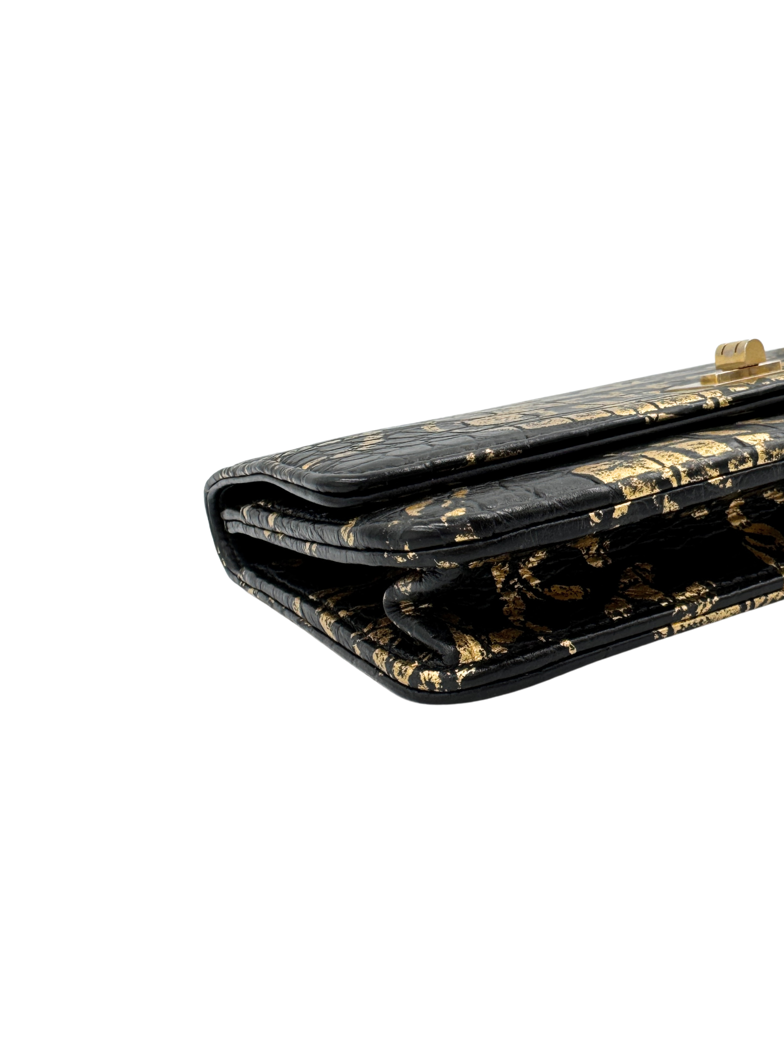 2019 Croc-Embossed Paris-New York Graffiti 2.55 Reissue Wallet on Chain in Black and Gold Leather