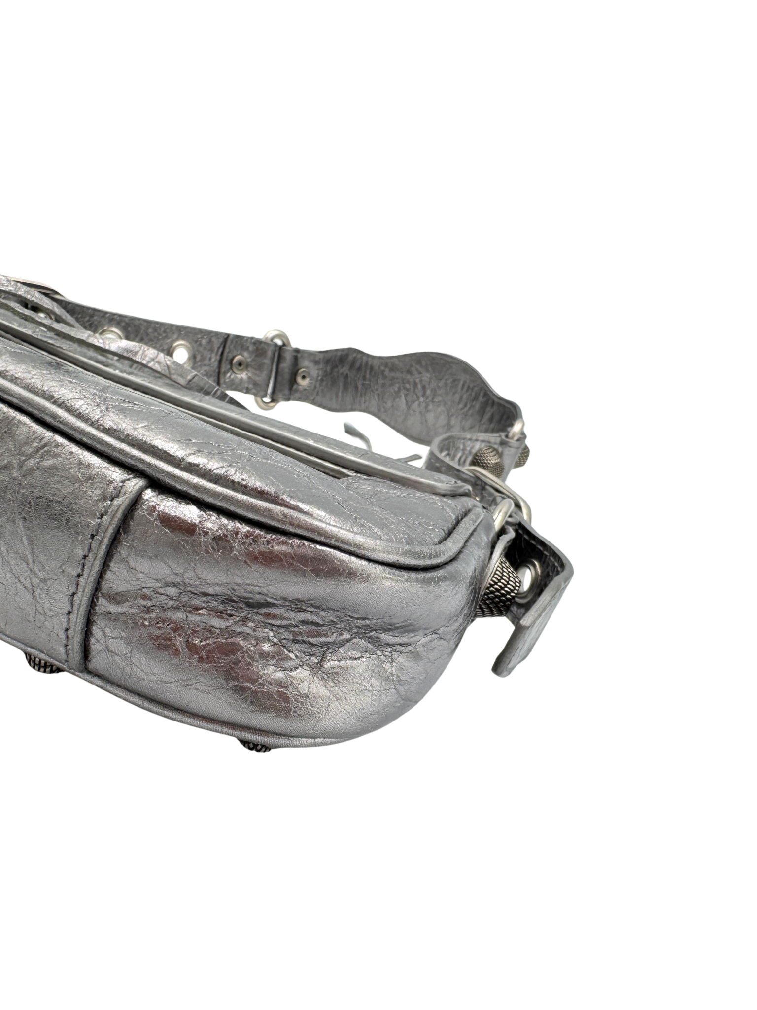 Metallic Small Le Cagole Sling City Shoulder Bag in Aged Silver Pewter Leather