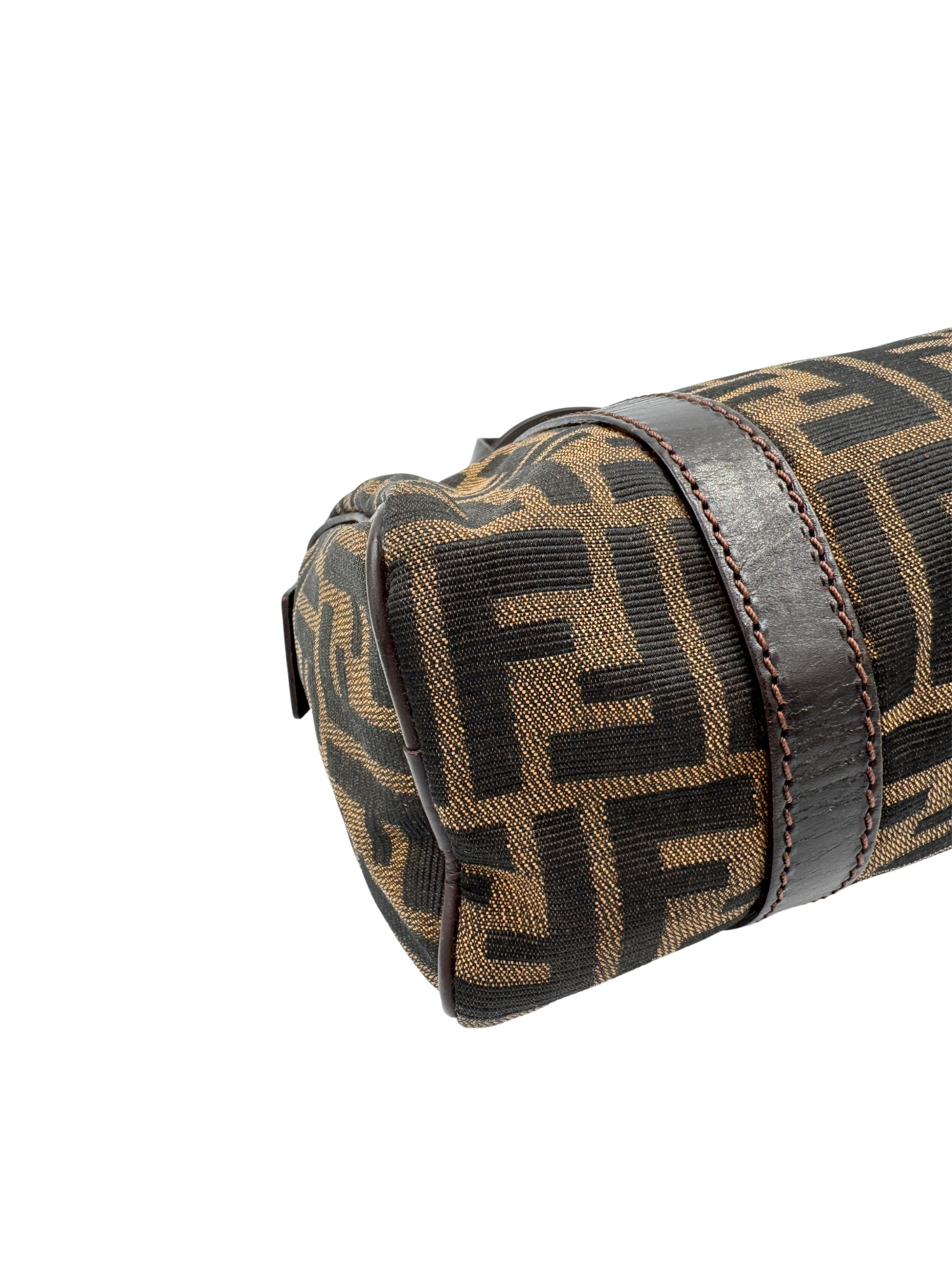 Vintage FF Zucca Boston Bag with Top Handle in Brown and Tan Monogram Canvas with Brown Leather Trim