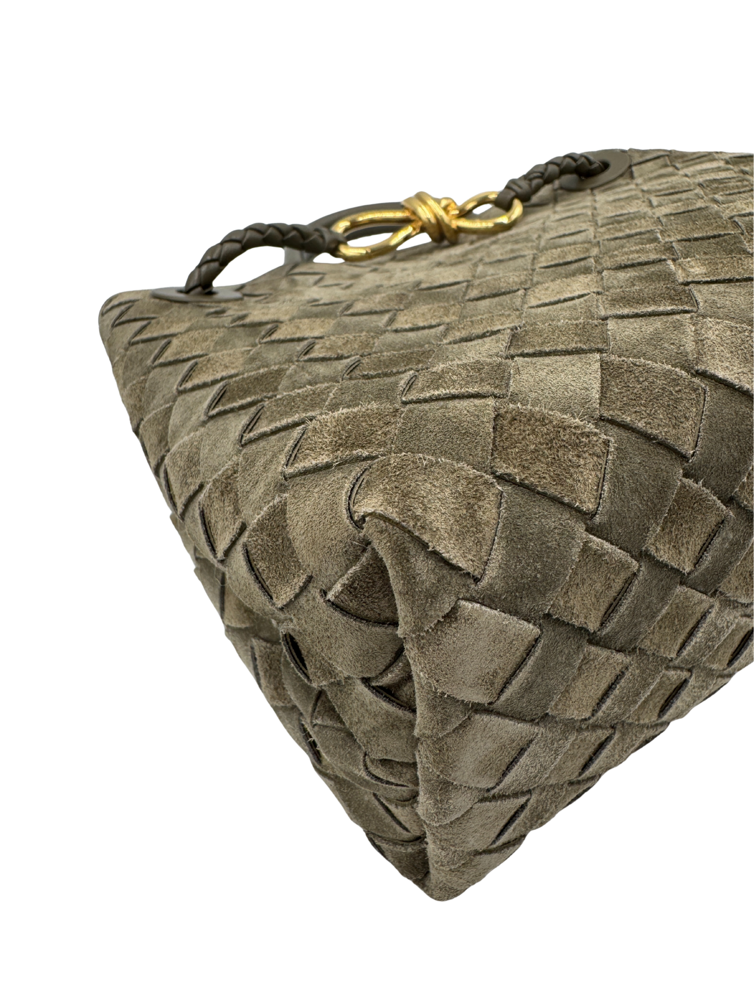 Small Andiamo Top Handle Shoulder Bag in Cypress Green Intrecciato Suede