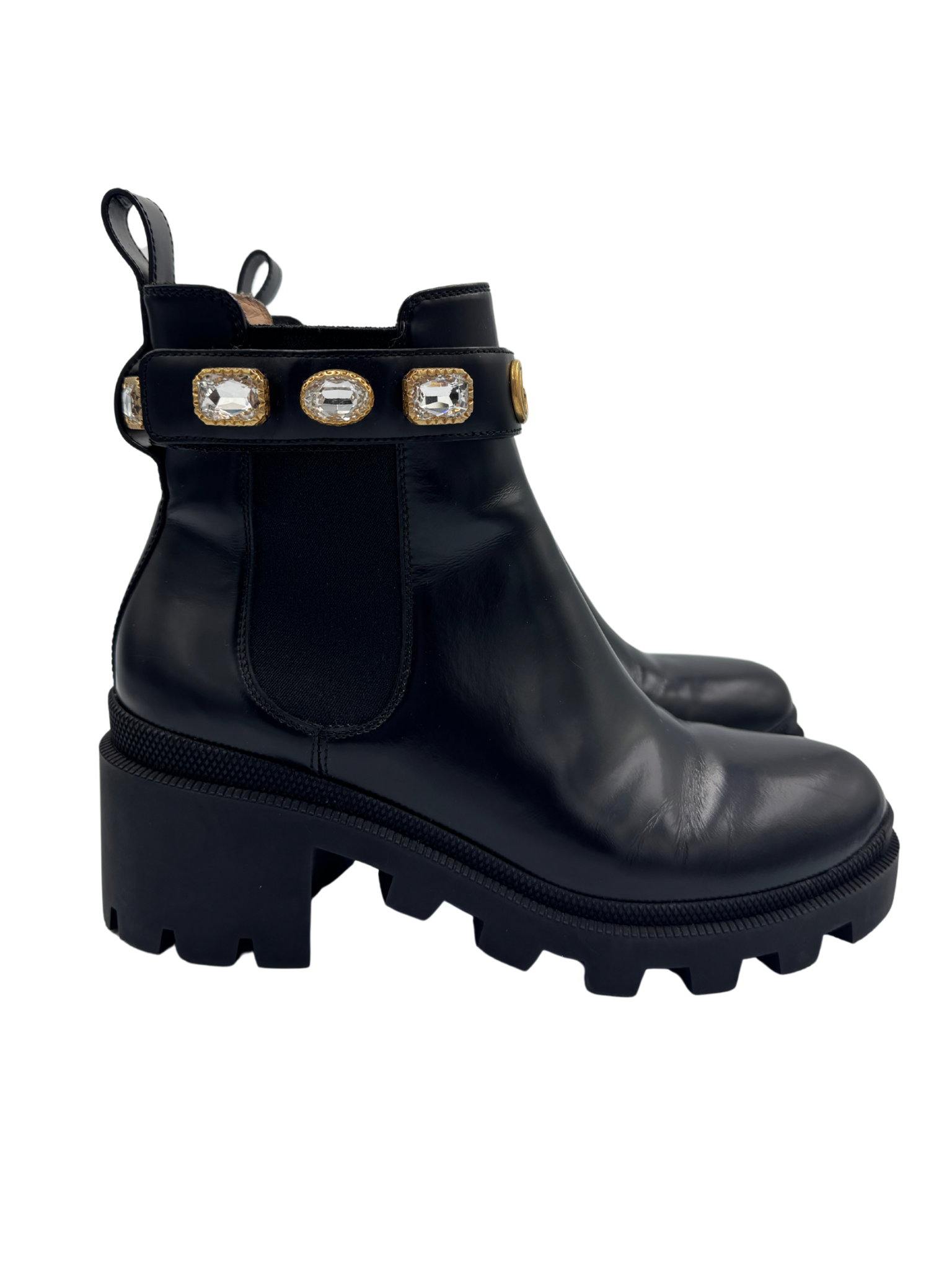 Size 39.5 Trip Crystal-Embellished GG Chelsea Boots in Black Leather