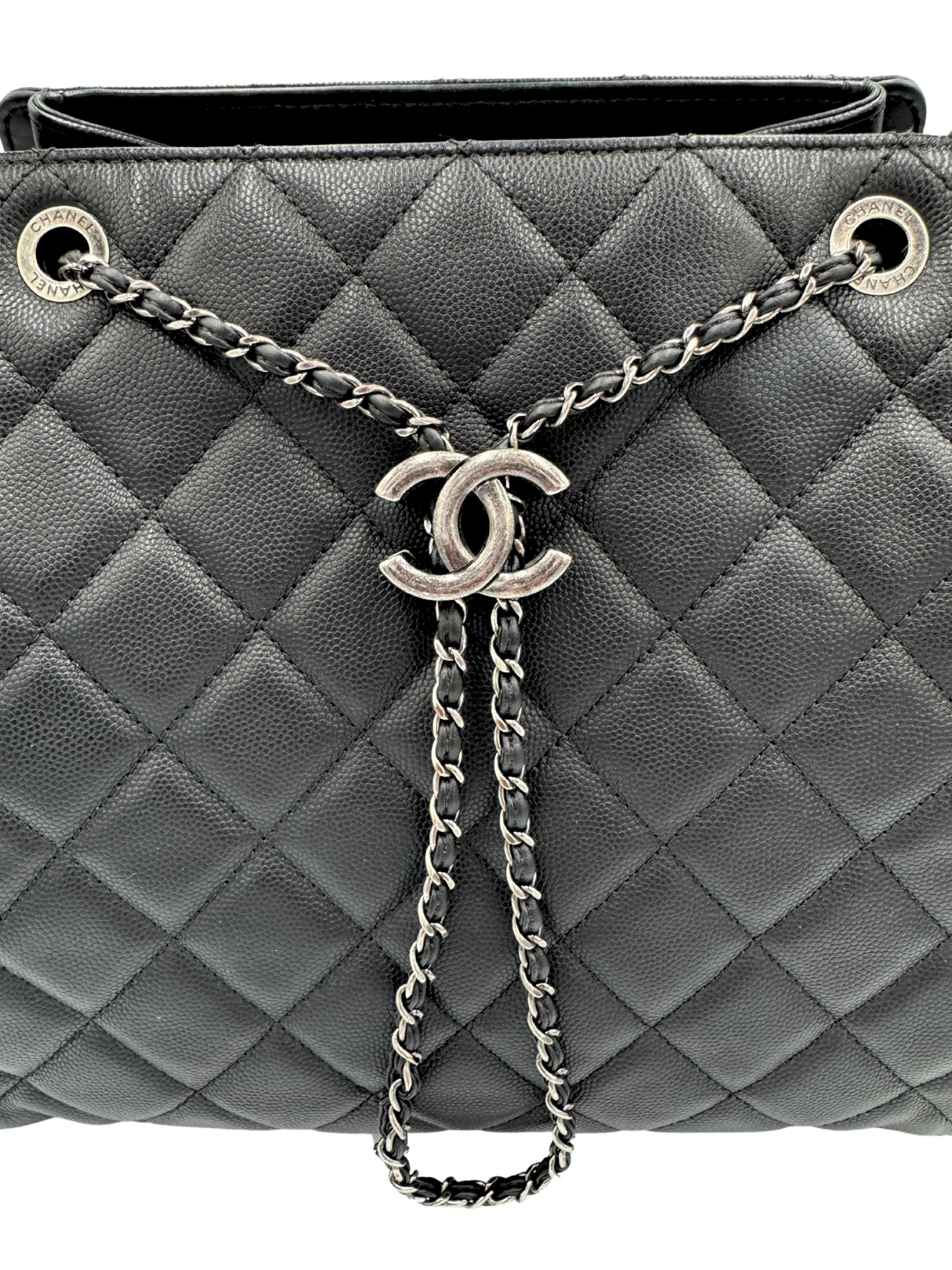 Medium Accordion Top Handle CC Bucket Bag in Black Caviar Leather