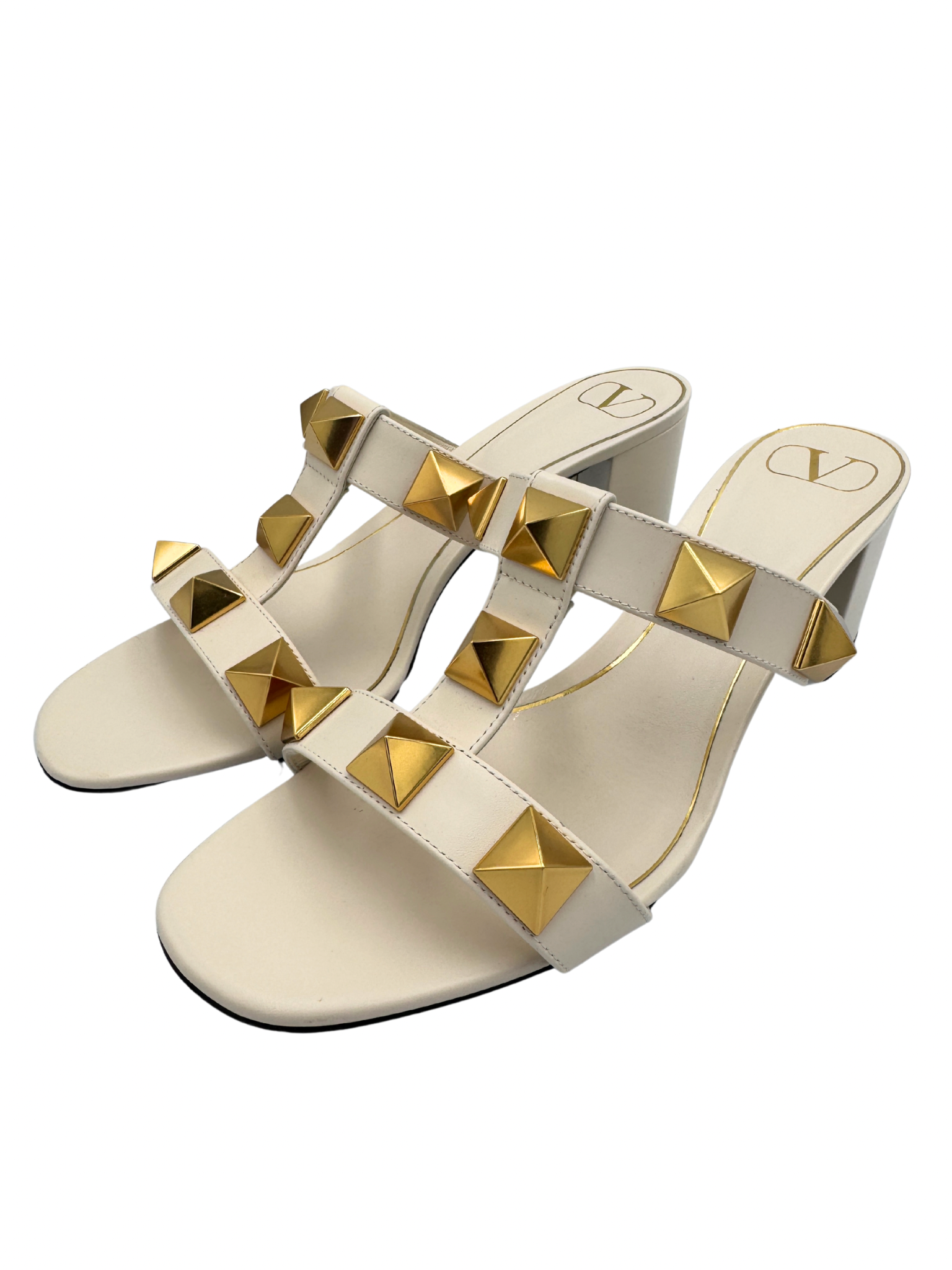 Size 40 Roman Stud Slide Heel Sandals 60mm in Ivory Smooth Calfskin Leather
