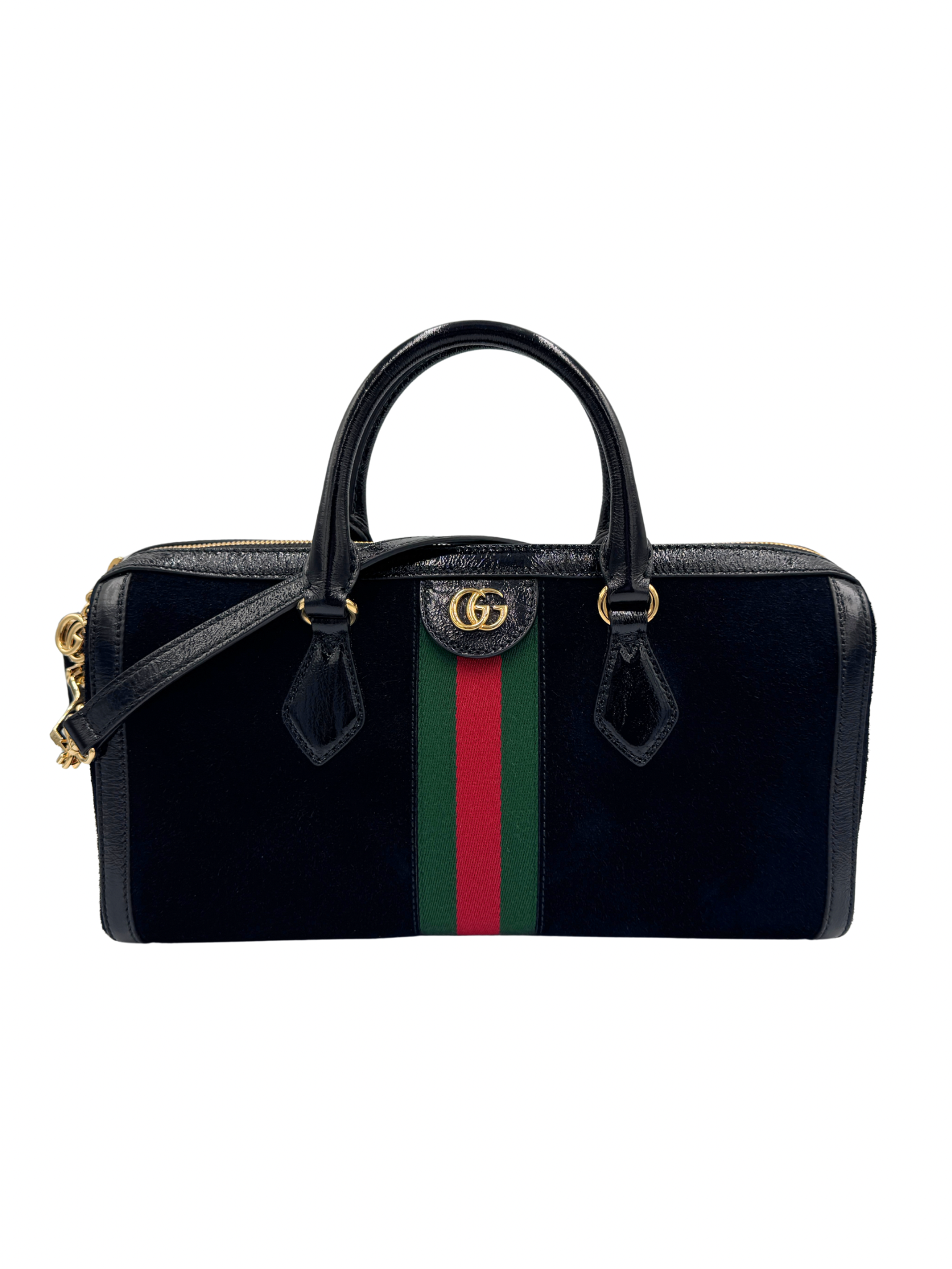 Ophidia Boston Bag in Black Suede & Patent Leather
