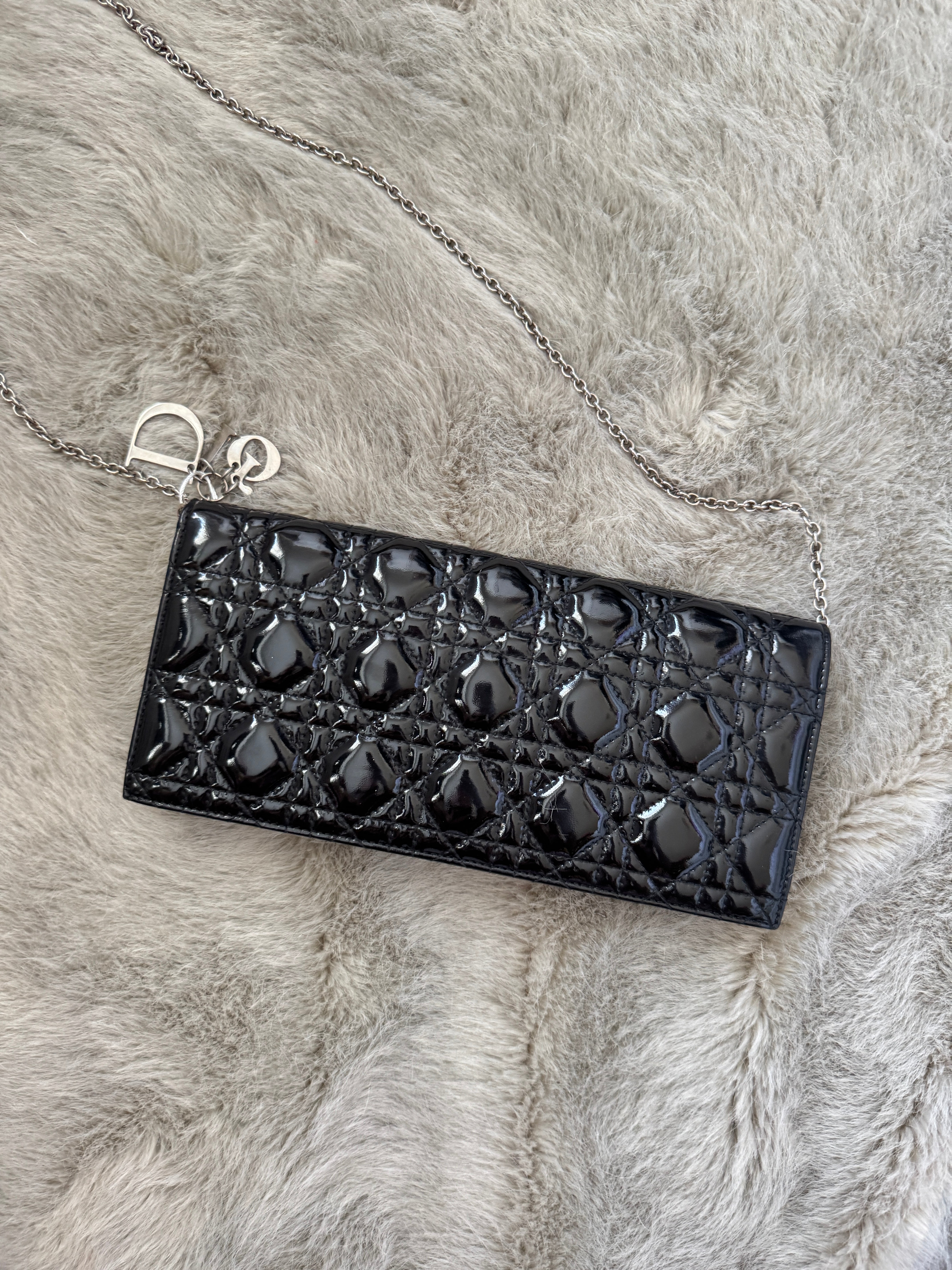 Lady Dior Shoulder Bag Clutch with Chain in Black Cannage Patent Leather