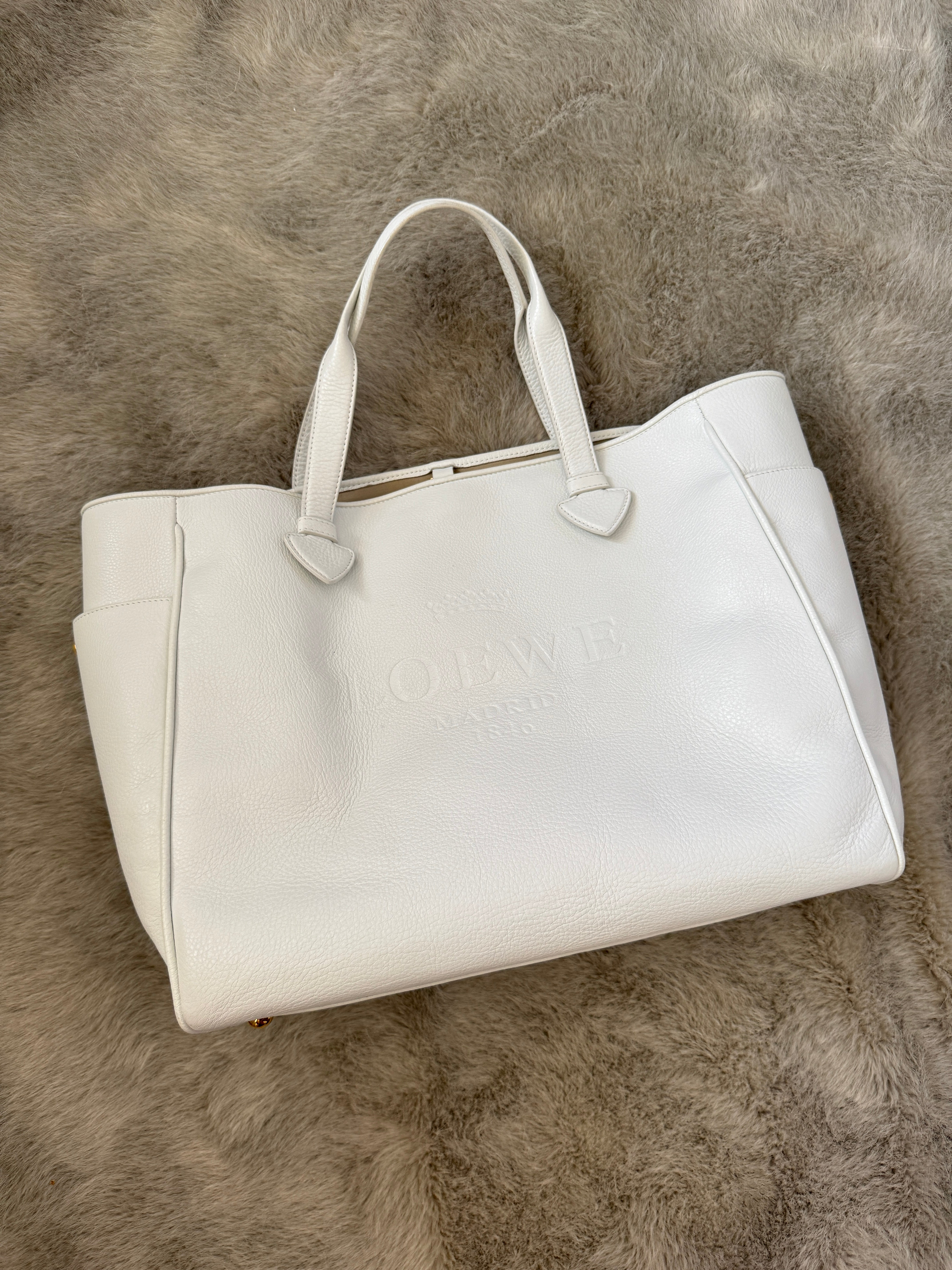 Logo East-West Shopping Tote Bag in White Leather