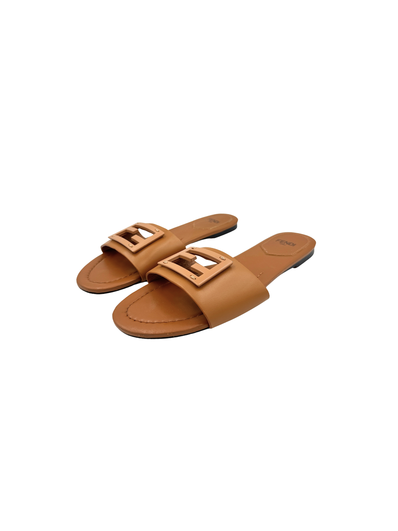 Size 39 FF Baguette Flat Slide Sandals in Brown Leather