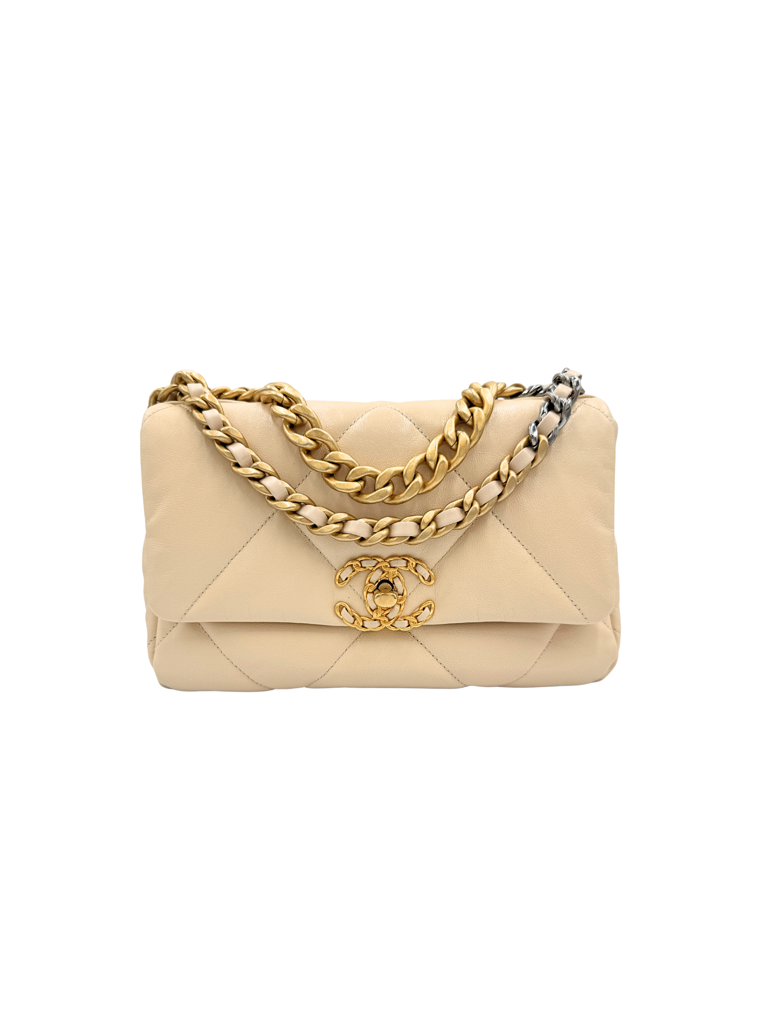 Quilted Medium Chanel 19 Shoulder Bag in Beige Lambskin Leather
