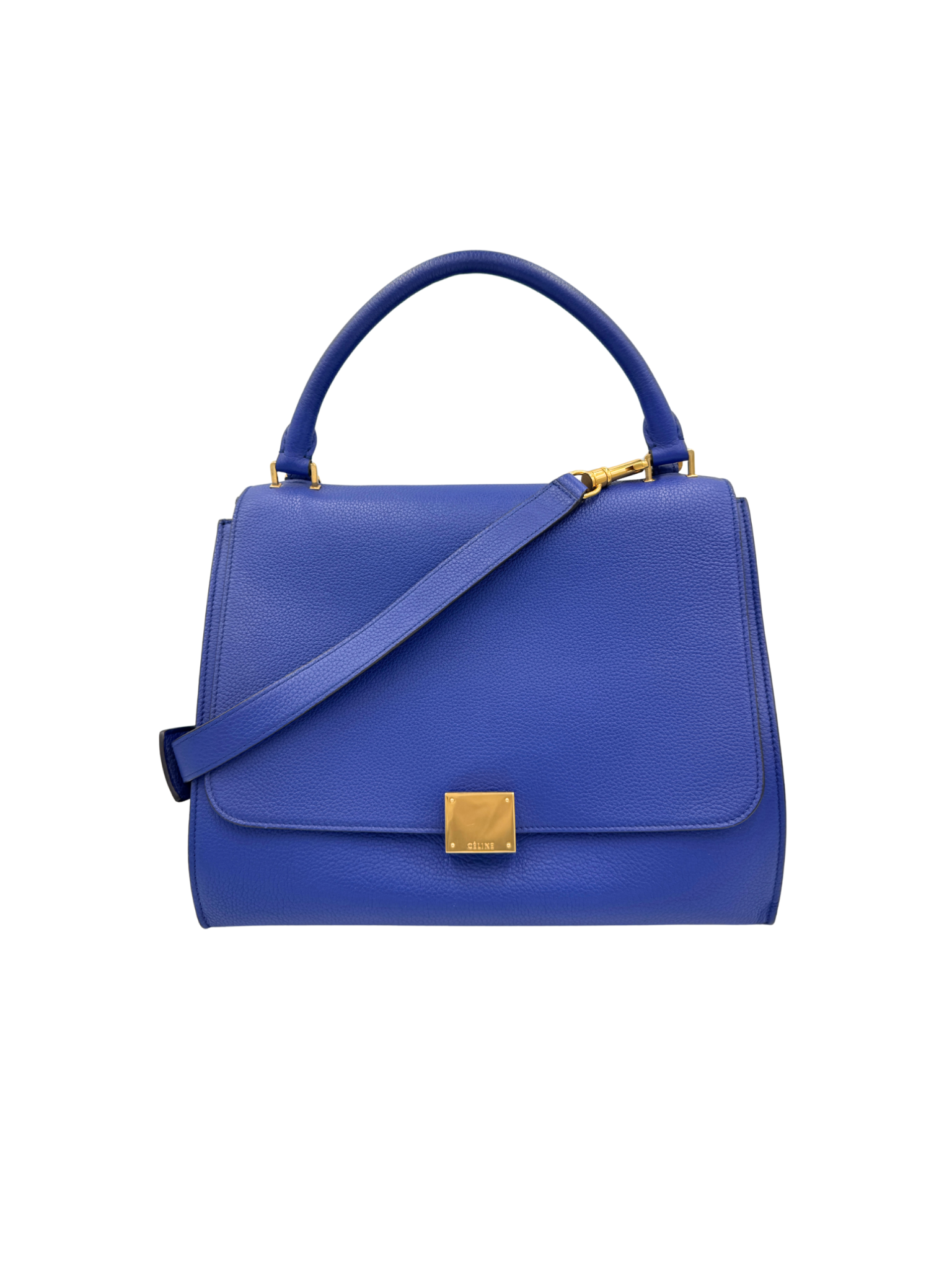 Medium Trapeze Shoulder Bag with Top Handle in Blue Calfskin Leather & Suede