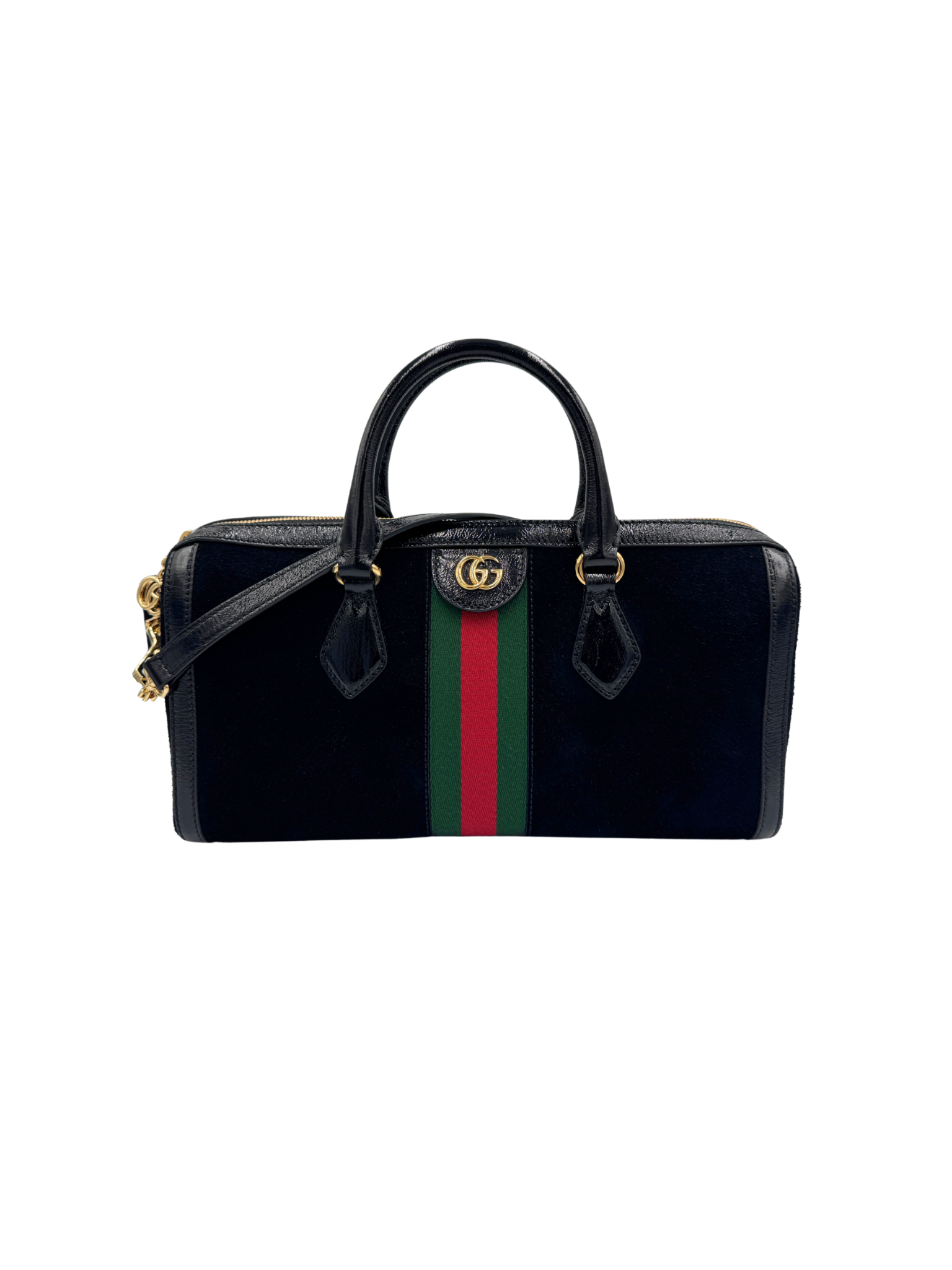 Ophidia Boston Bag in Black Suede & Patent Leather