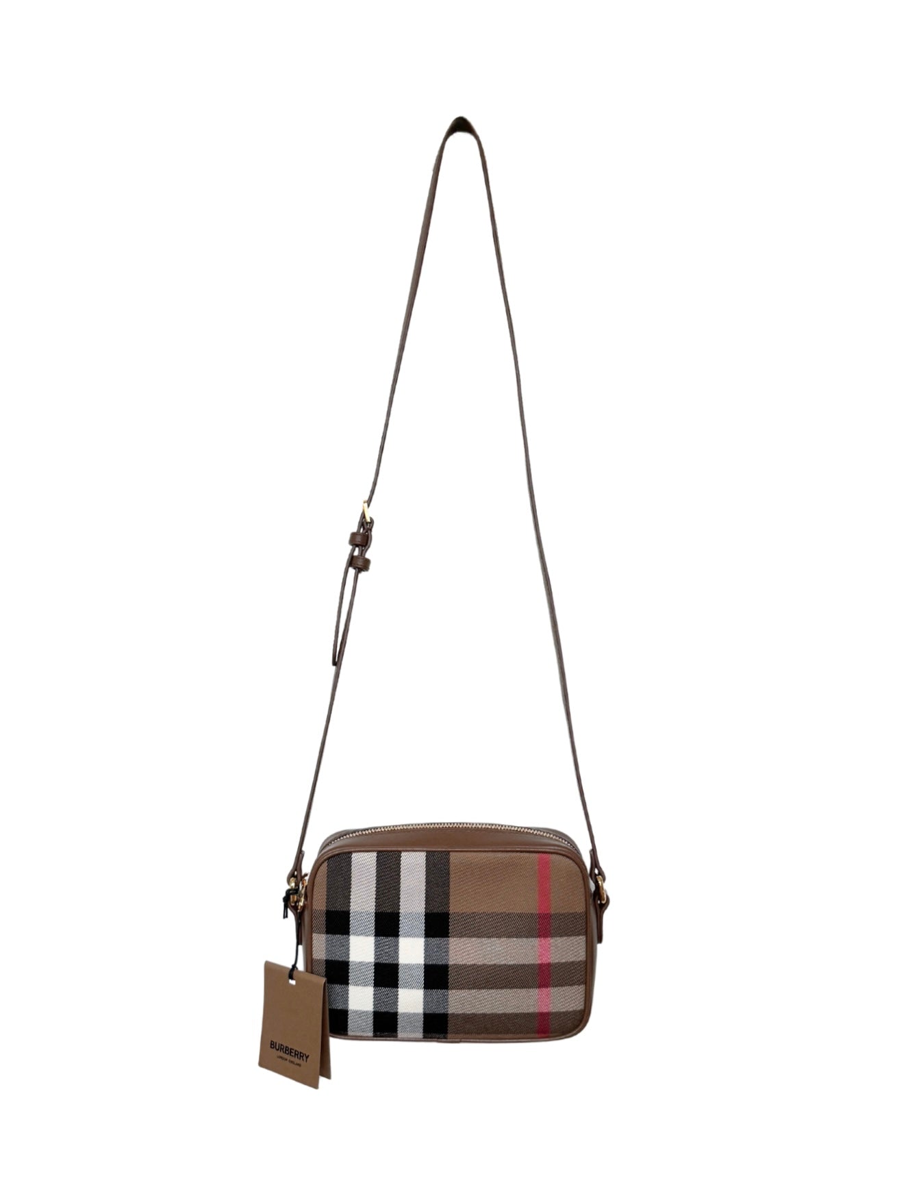 Crossbody Camera Bag in House Check Canvas & Tan Leather
