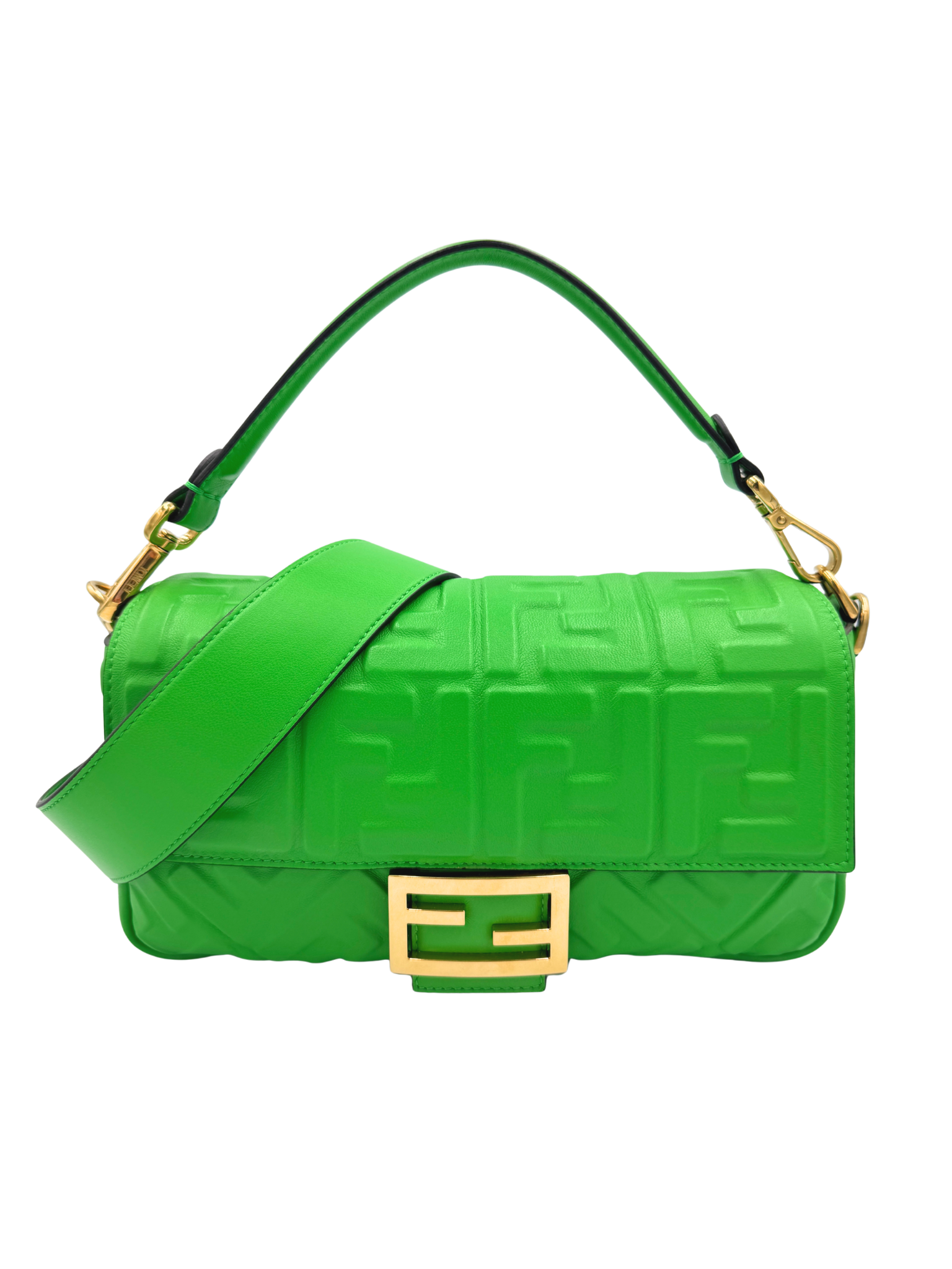 FF Baguette Shoulder Bag with Top Handle in Green Leather