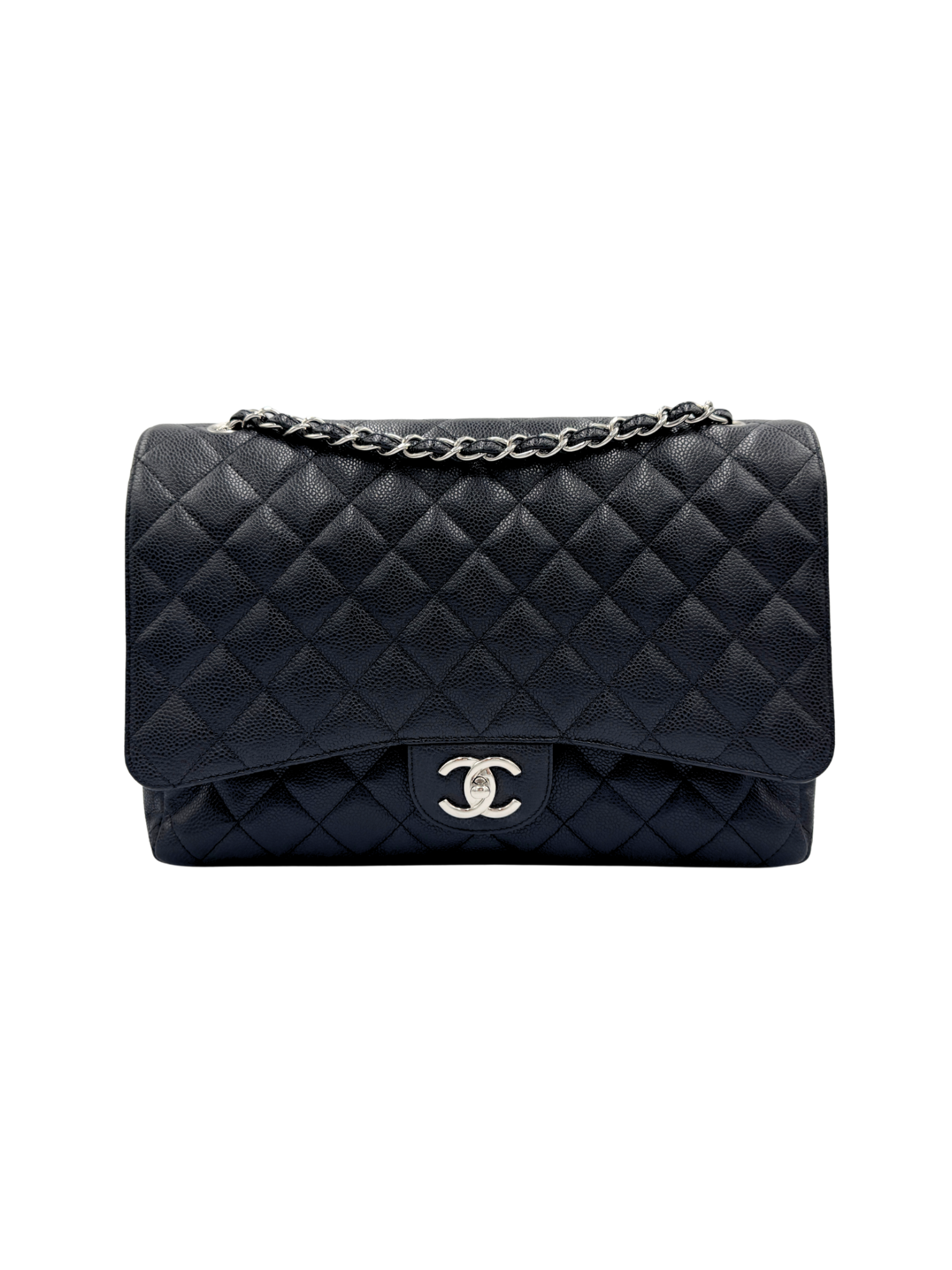Quilted Maxi Classic Double Flap Shoulder Bag in Black Caviar Leather