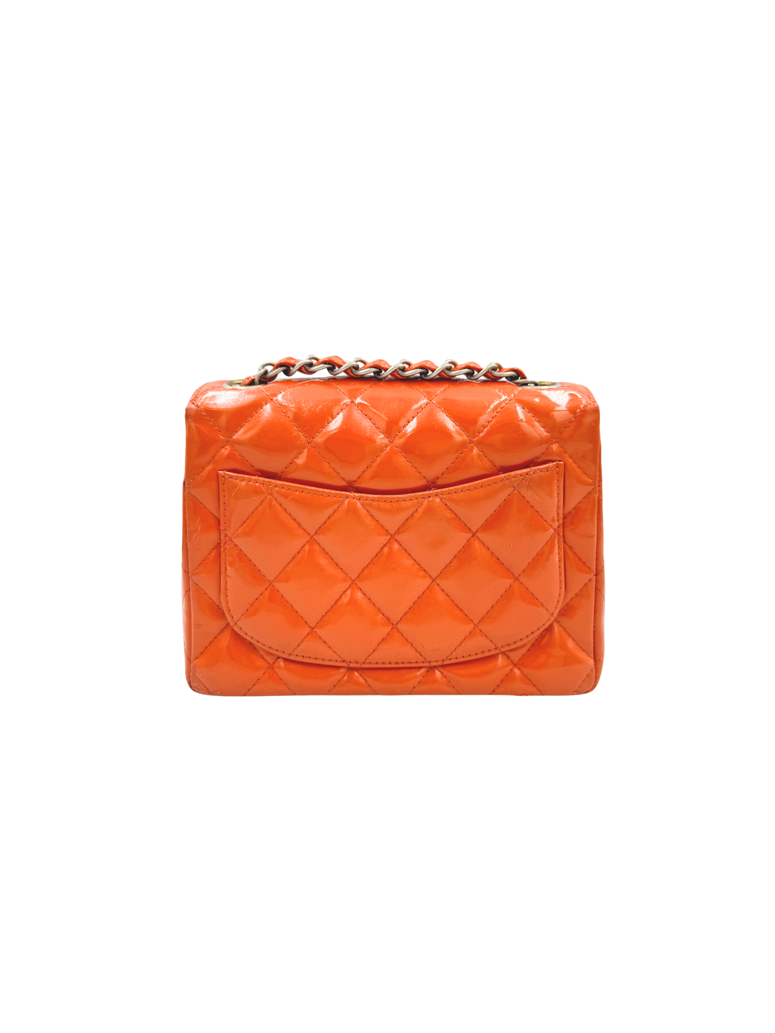 Vintage Karl Lagerfeld Era Square Mini Classic Flap Bag with CC Turnlock in Orange Patent Leather