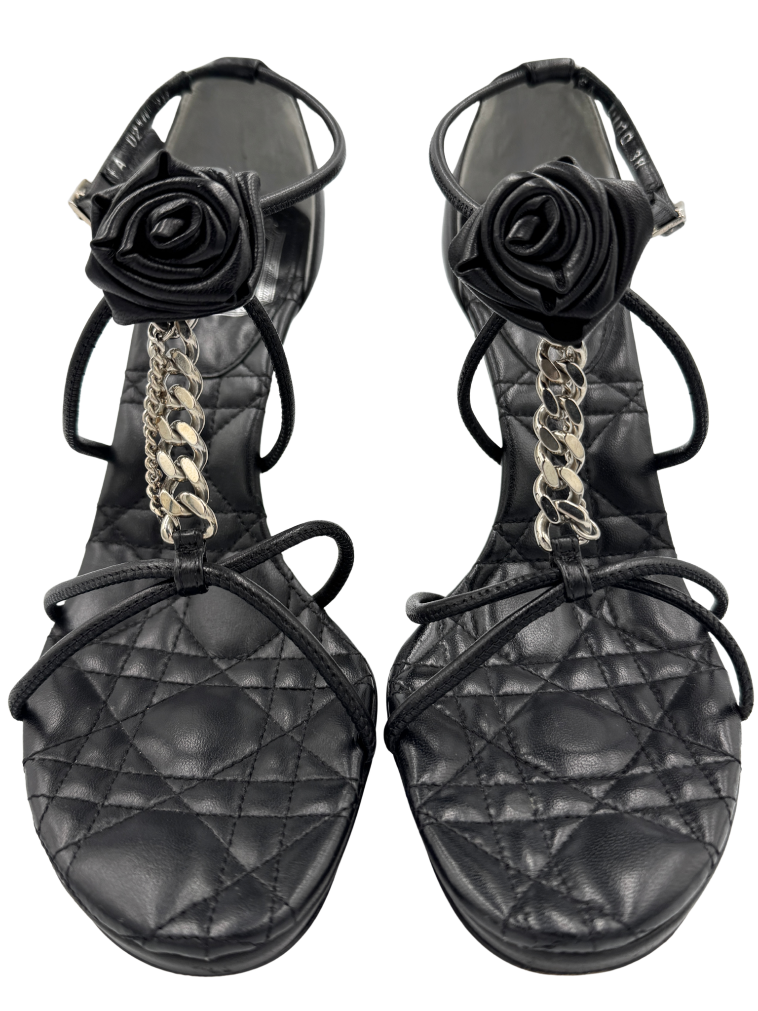 Size 38 Quilted Cannage Flower Chain Strap High Heel Sandals in Black Leather