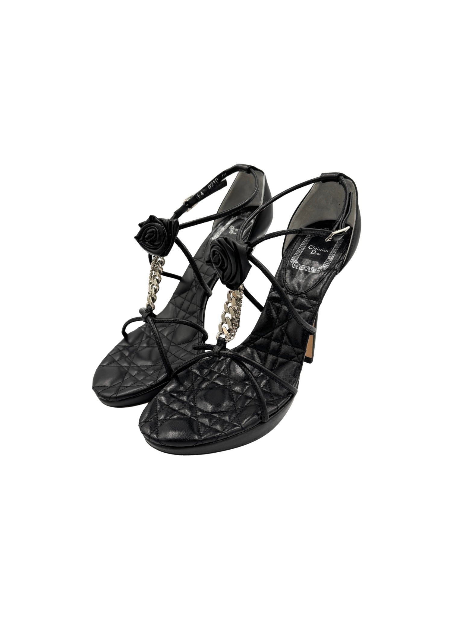 Size 38 Quilted Cannage Flower Chain Strap High Heel Sandals in Black Leather