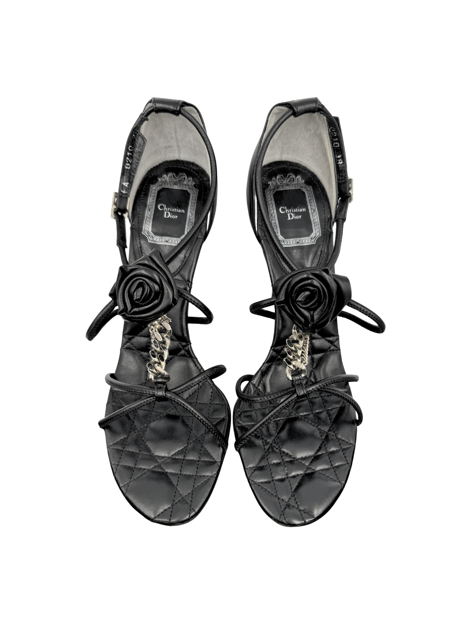 Size 38 Quilted Cannage Flower Chain Strap High Heel Sandals in Black Leather