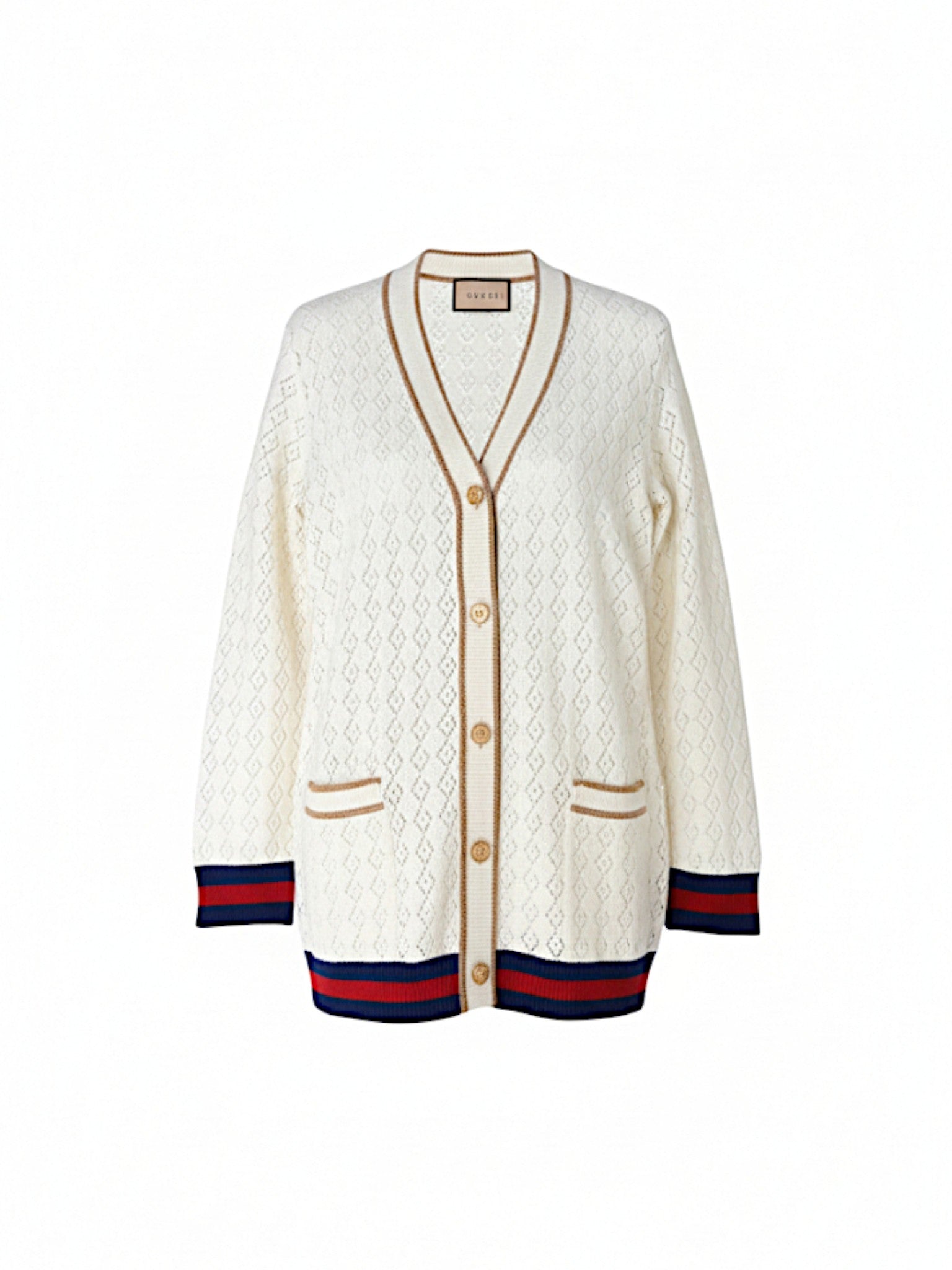 Size XXL GG Monogram Cardigan with GG Embellished Buttons in Ivory Knit with Gucci Web Trim