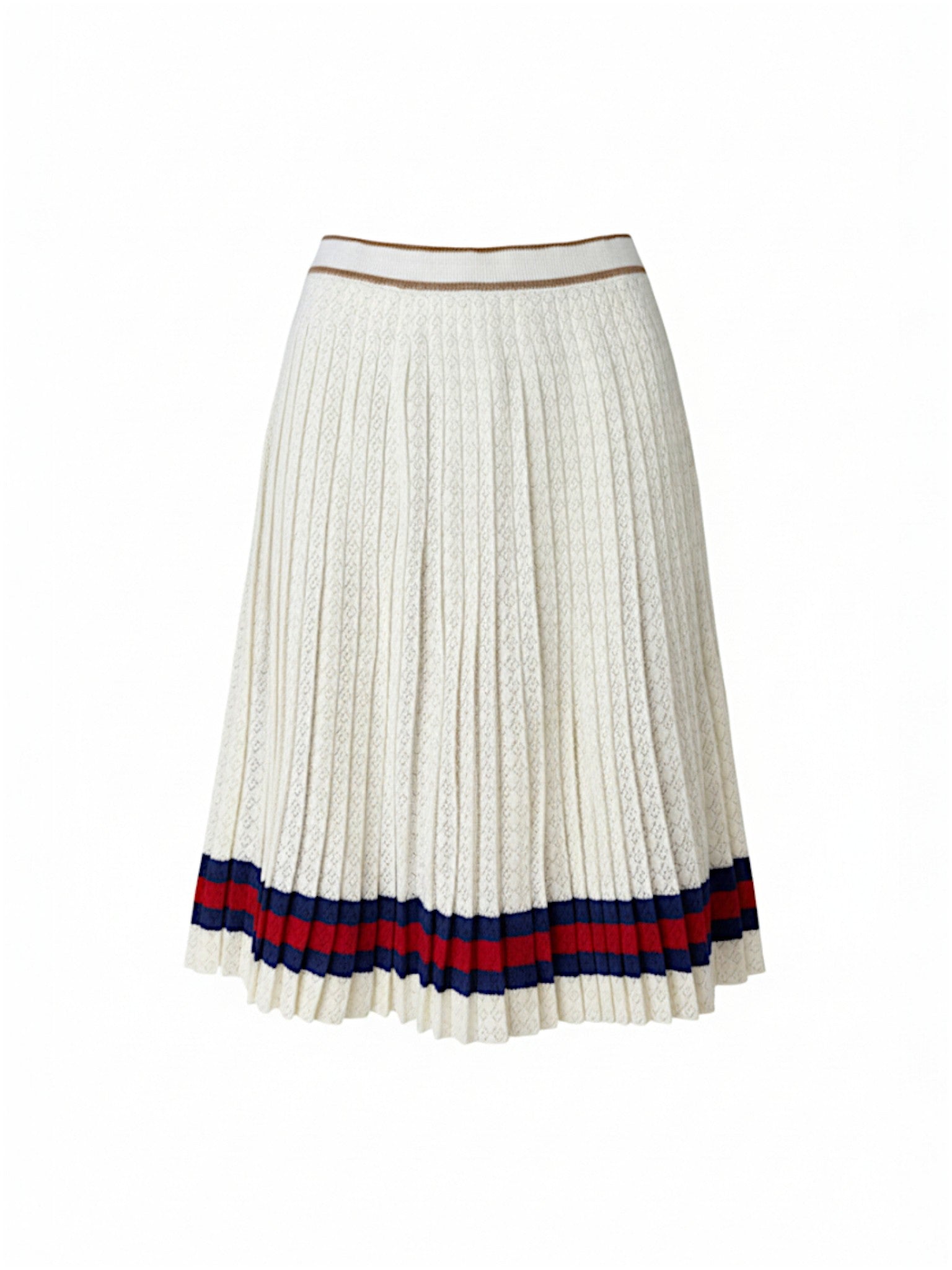 Size L GG Monogram Pleated Midi Skirt in Ivory Knit with Gucci Web Trim