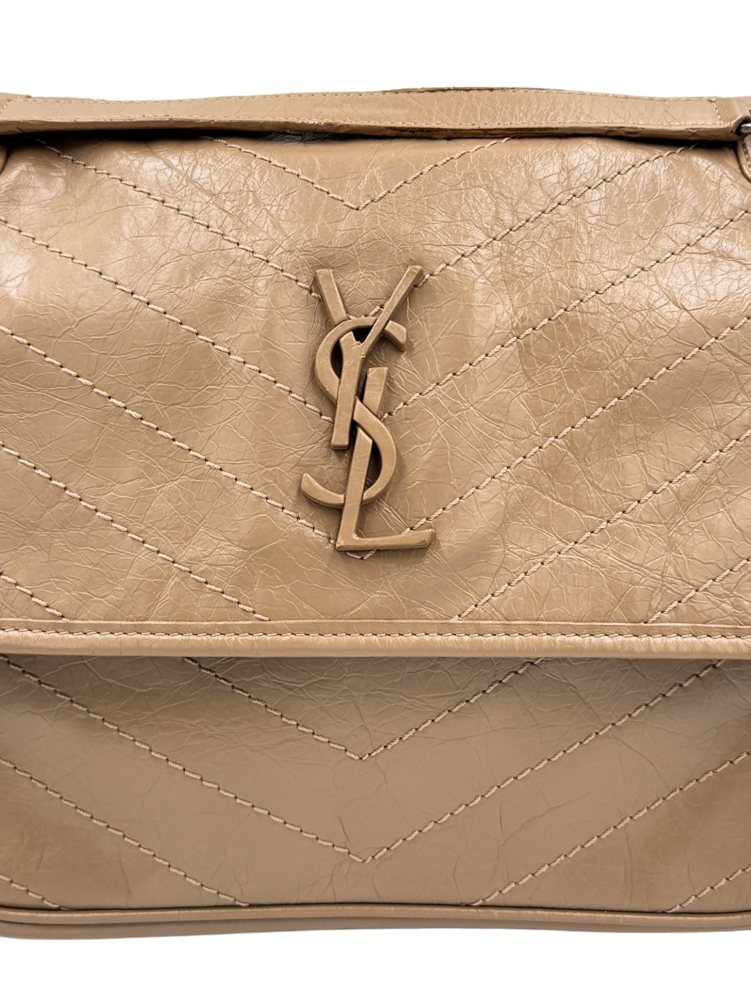 Medium Niki Chevron YSL Logo Shoulder Bag in Taupe Crinkled Calfskin Leather
